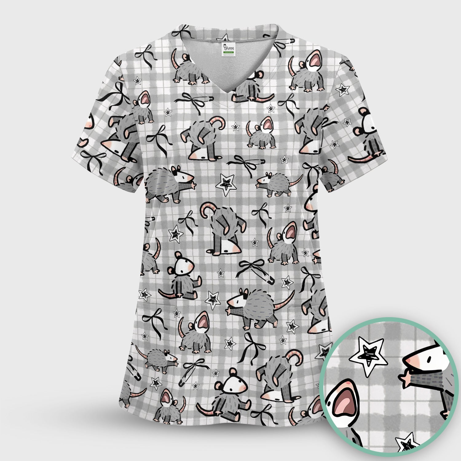 Funny Mouse Cartoon Pattern Print Scrub Top, Breathable Fabrics Nursing Uniform, Opossum