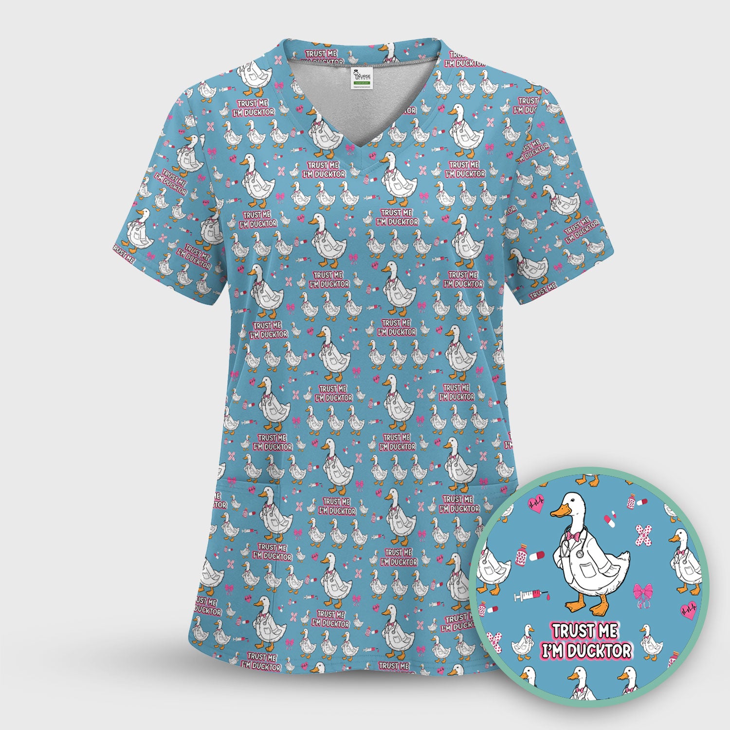 Trust Me I'm Ducktor Scrub Top, Funny Duck Pattern Scrub Shirt, Breathable Fabrics Nursing Uniform For Women