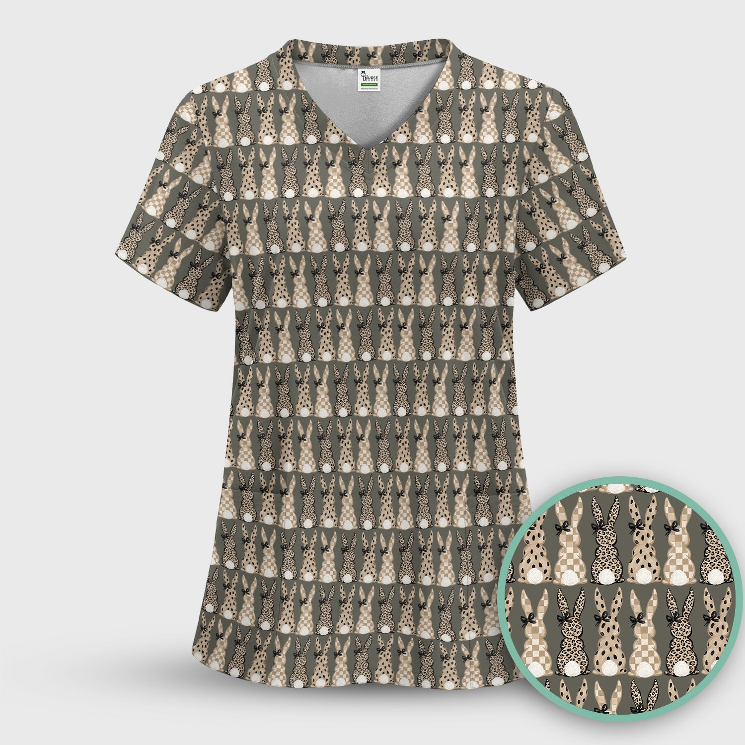 Vintage Bunny Pattern Beige Scrub Top, Comfortable Scrubs for Nurses