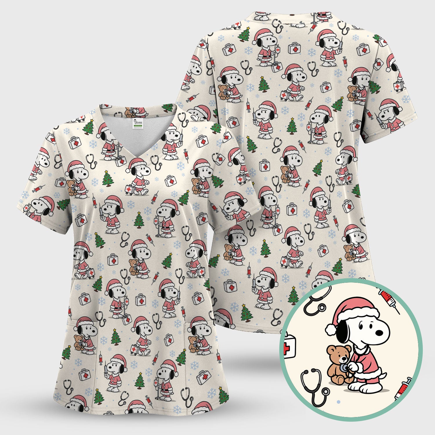 Snoopy Christmas Nurse Scrub Top for Women - Cute Cartoon Holiday Medical Uniform with Pockets - Nursing Gift for RN CNA LPN