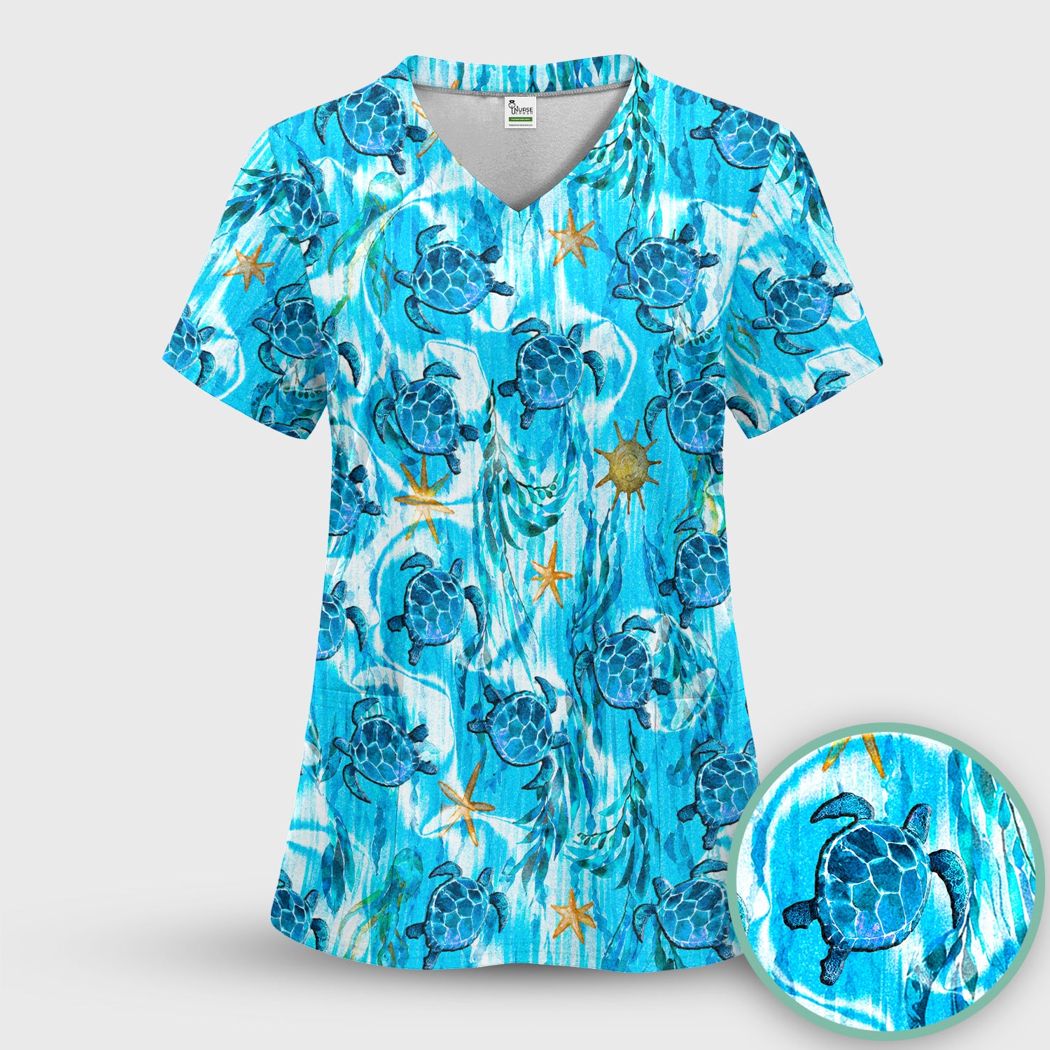 Coastal Marine Life Print Scrub Set, Scrub Pants and V Neck Top