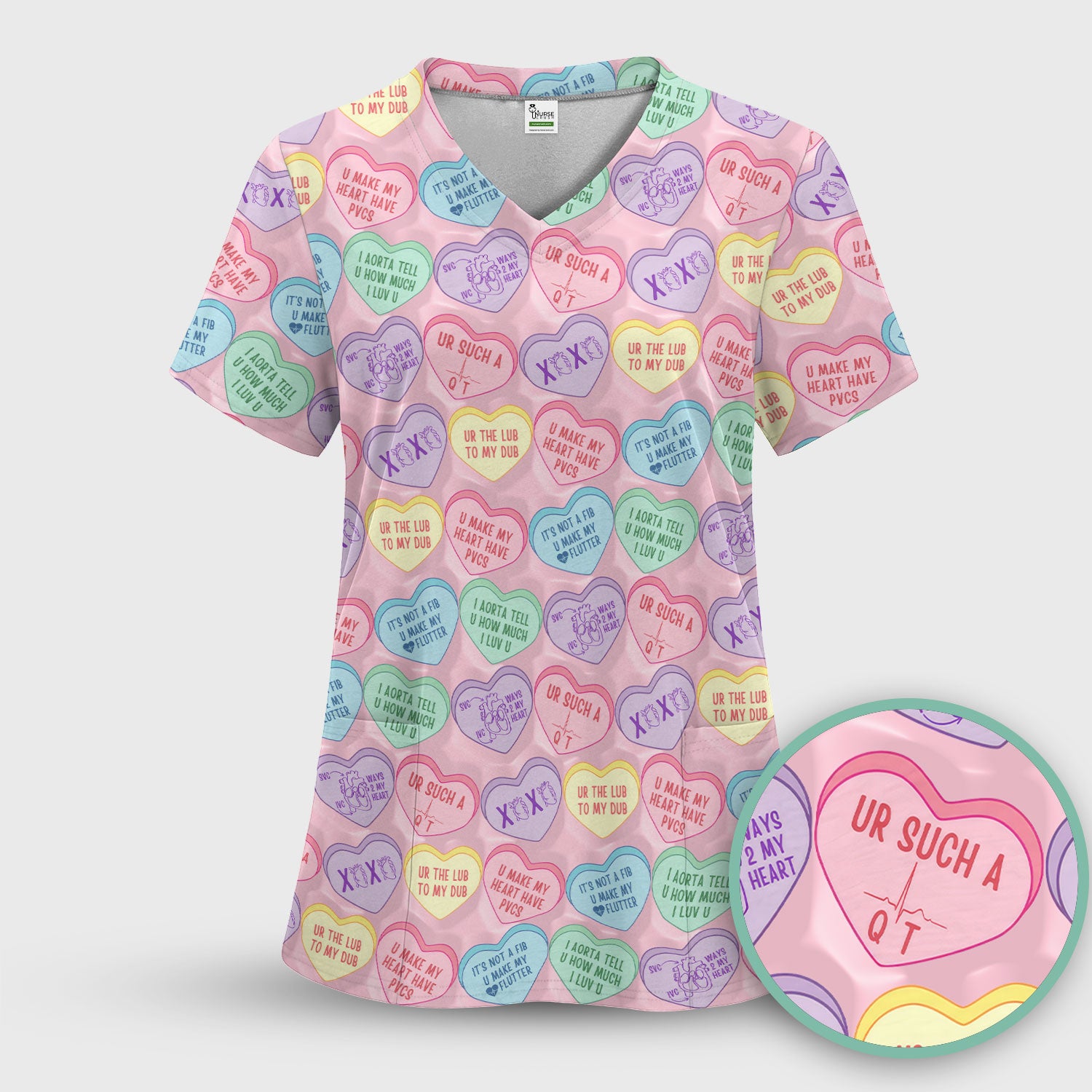 Medical Candy Heart Valentine Pattern Scrub Top, Fun Medical Pattern, Comfortable Scrubs for Nurses