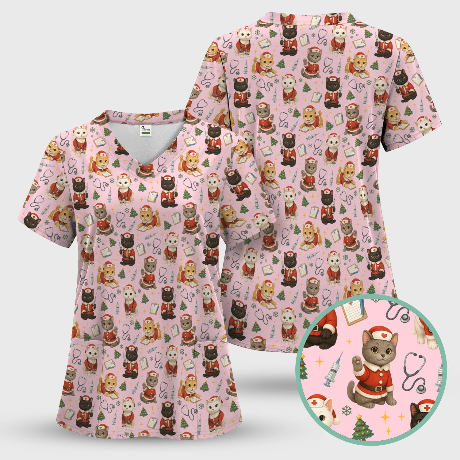 Christmas Nurse Scrub Set for Women - Cute Dog Cat Pattern Scrub Top and Pants - Funny Holiday Nursing Outfit Gift for RN LPN CNA