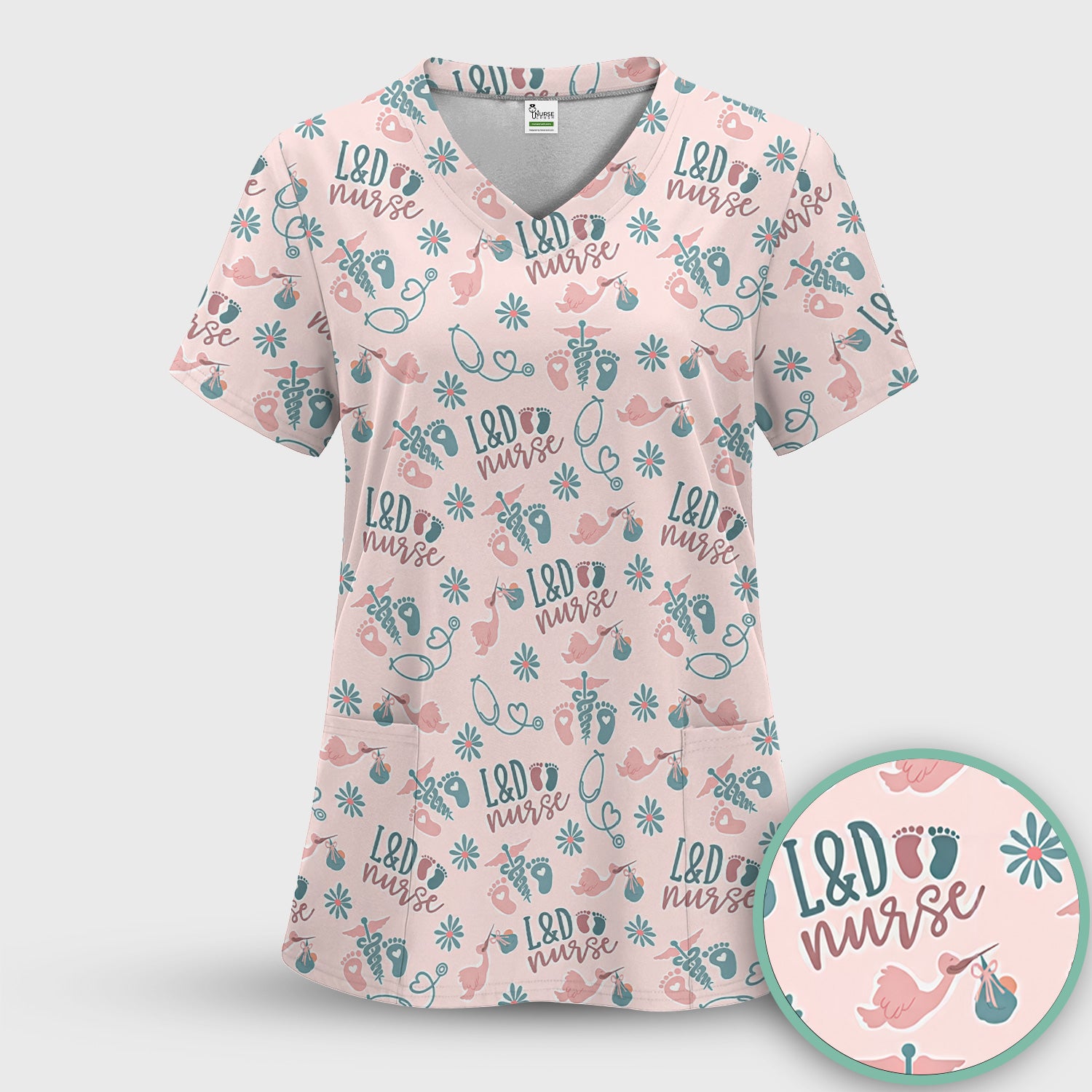 Cute Labor and Delivery Print V Neck Nursing Scrub Top Medical Uniform