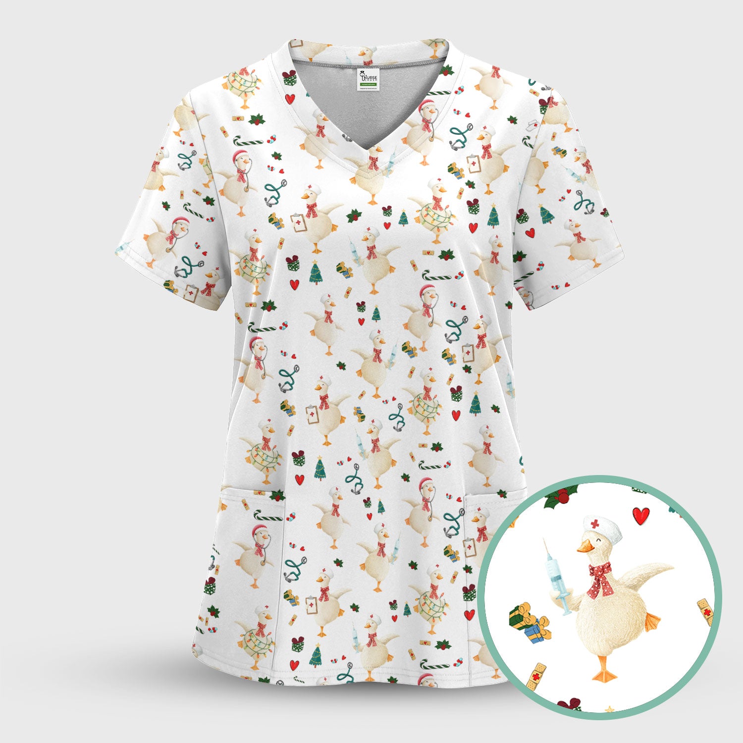 Funny Christmas Goose Scrub Top - Holiday Nurse Shirt for Women - Cute Medical Uniform Xmas Gift for RN CNA LPN Nursing Student
