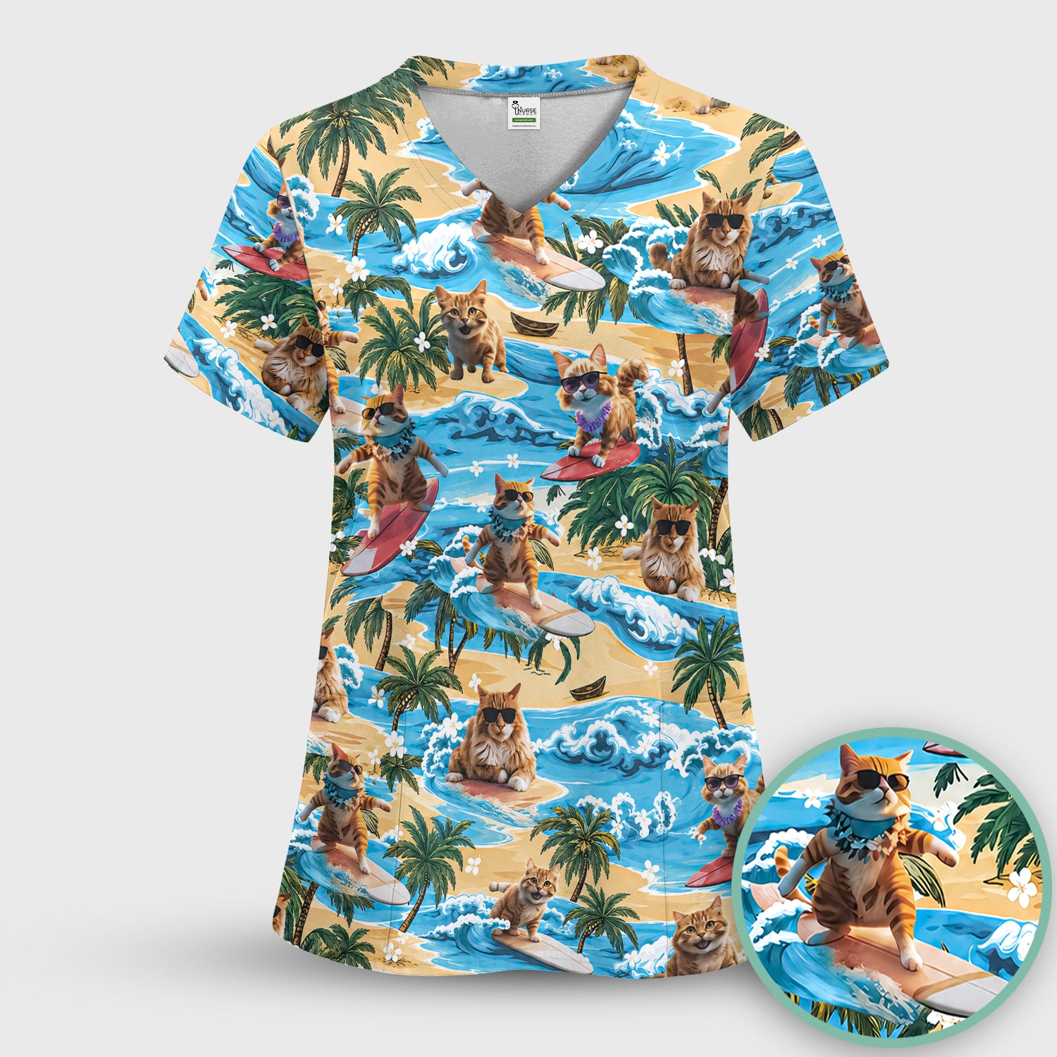 Tropical Surfing Cat with Beach Wave Island Print Scrub Top, Comfortable Scrubs for Nurses