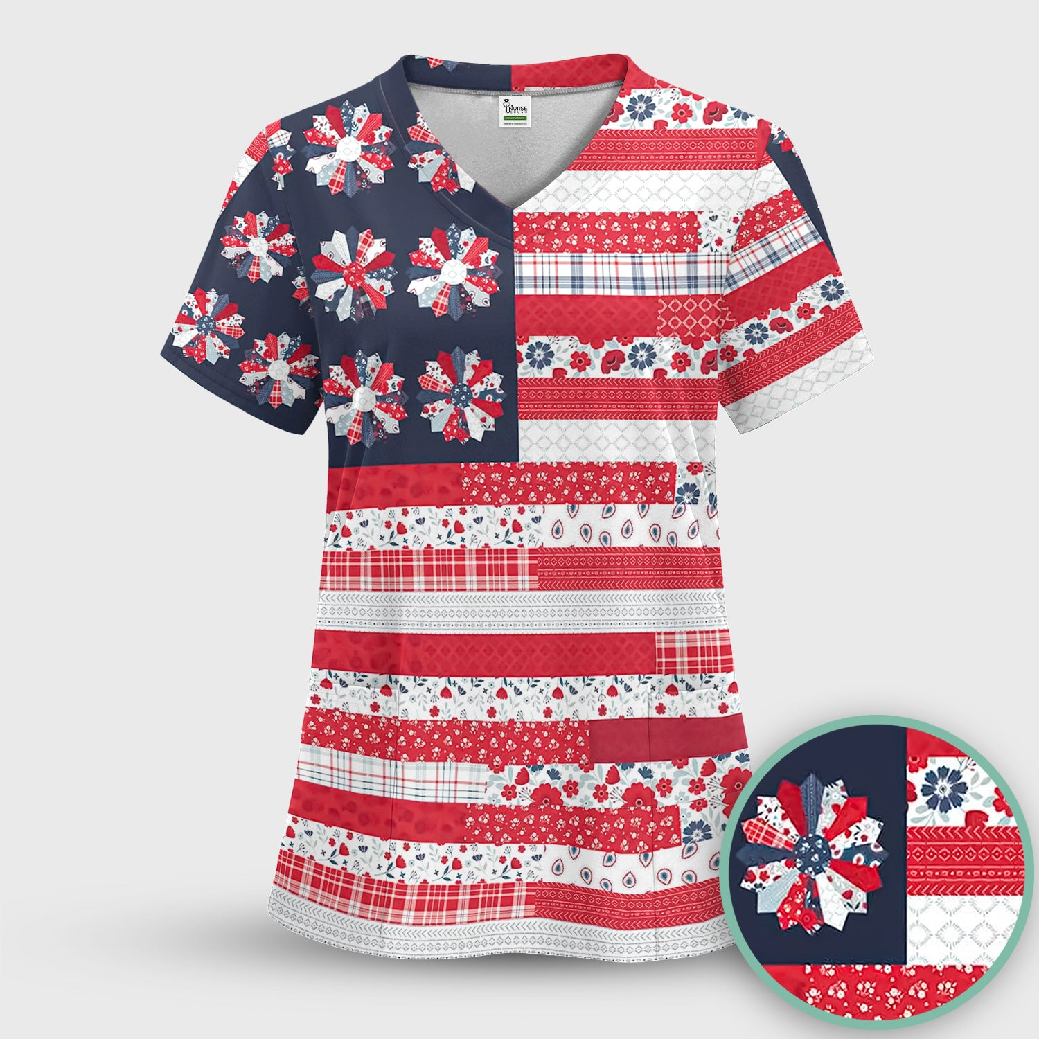Patriotic Floral Flag Patchwork Pattern Scrub Set, Scrub Pants and V Neck Top