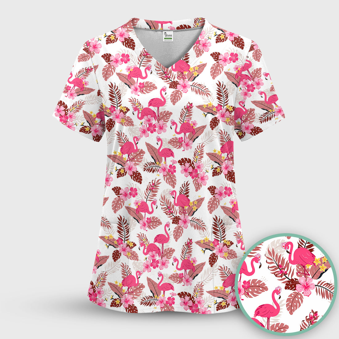 Pink Flamingo Tropical Floral Scrub Set, Scrub Pants and V Neck Top