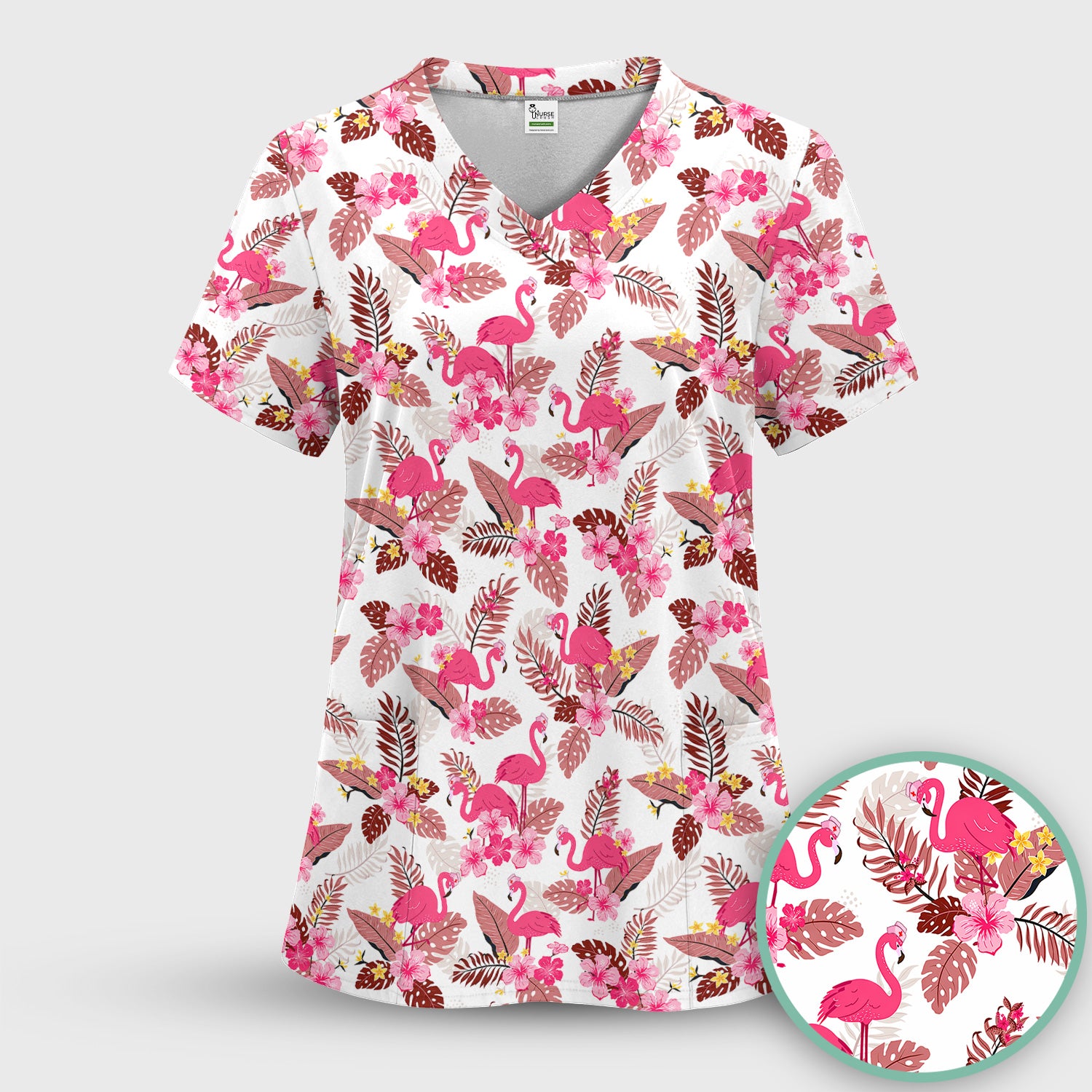 Pink Flamingo Tropical Floral Scrub Set, Scrub Pants and V Neck Top