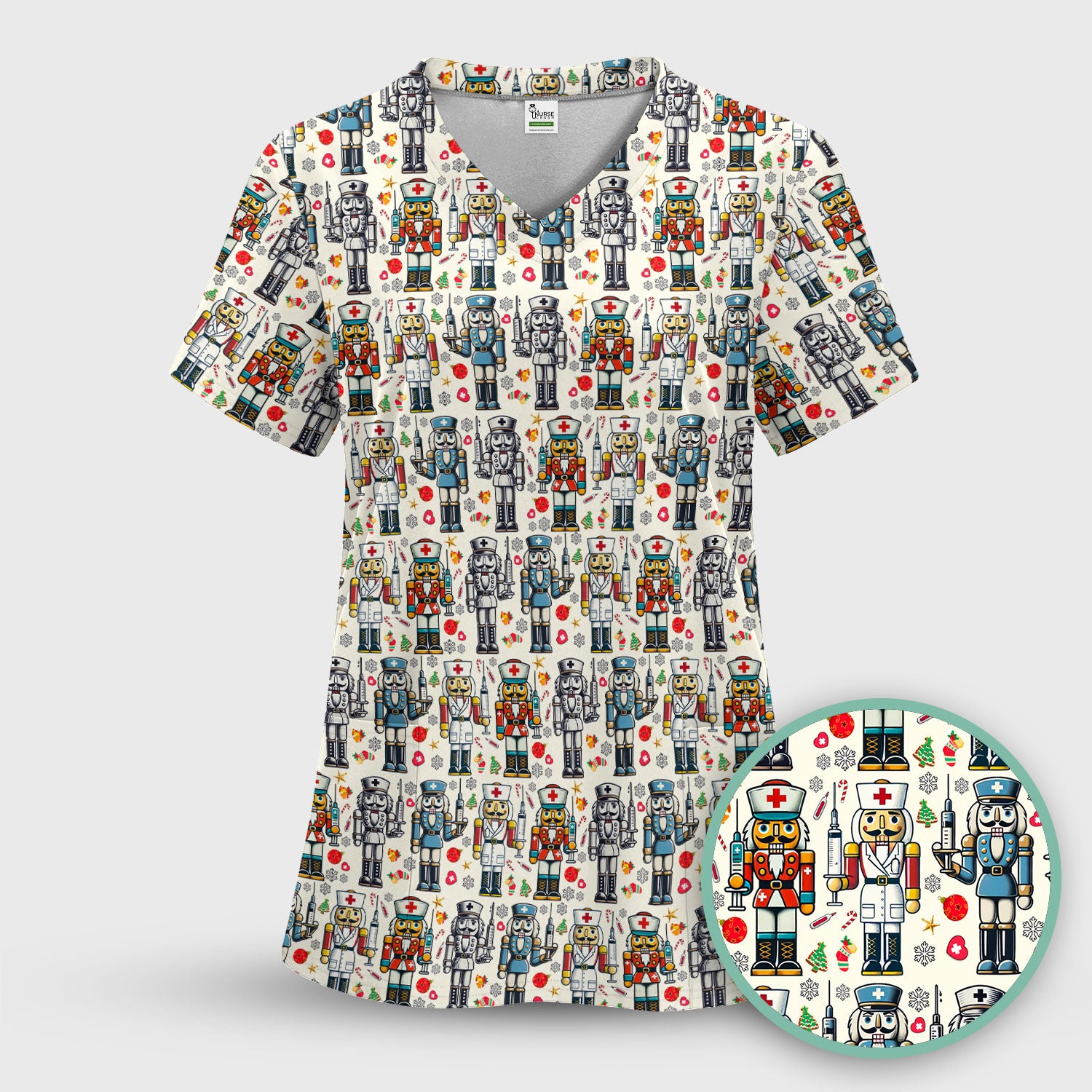 Funny Nutcracker Christmas Scrub Top – Cute Holiday Nurse Pattern Shirt – Festive Medical Uniform for RN, LPN, CNA, and Healthcare Workers