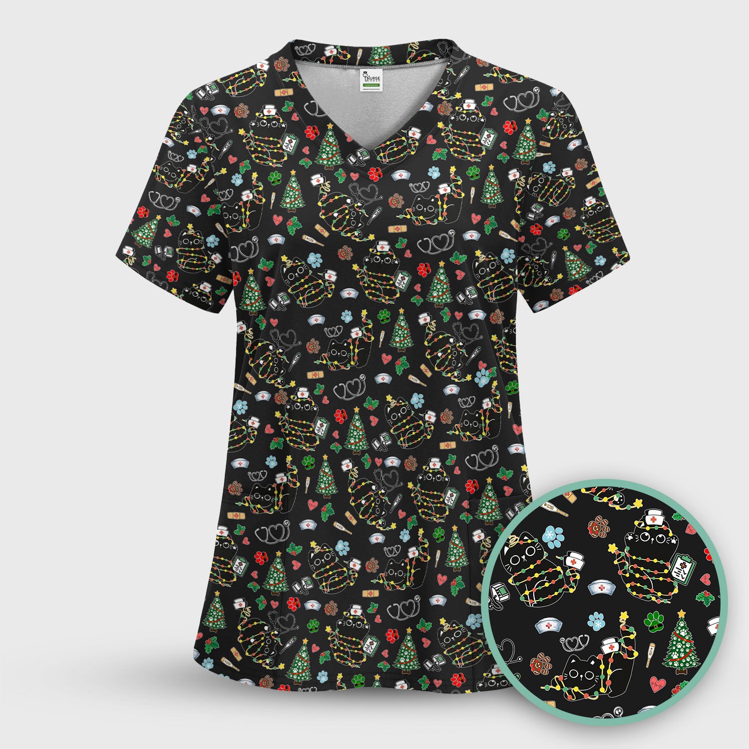 Funny Black Cat Christmas Scrub Top – Cute Holiday Kitty Pattern – Festive Medical Uniform for Nurses, Vets, and Cat Lovers