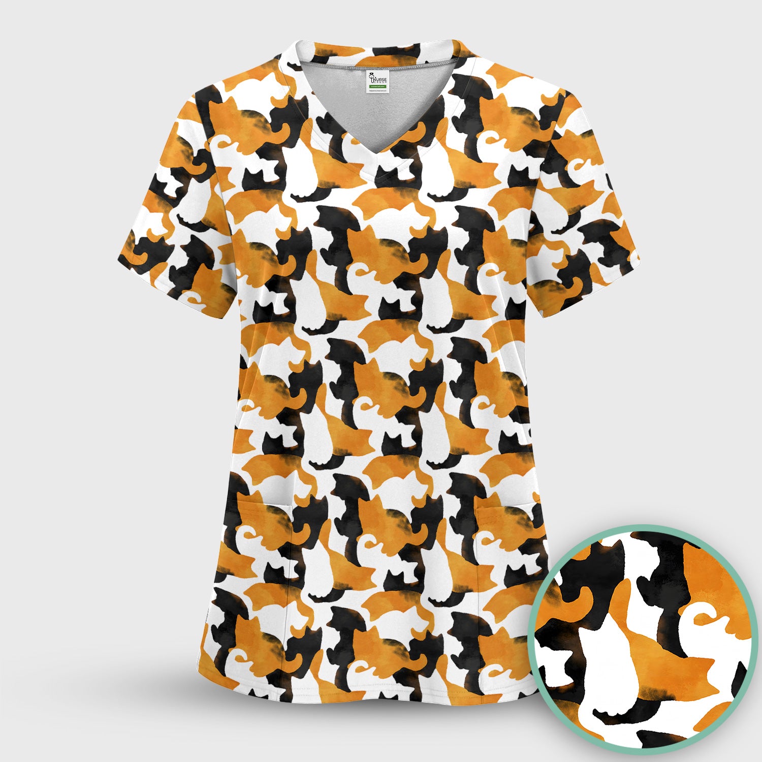 Calico Cat Silhouette Pattern Scrub Set, Scrub Pants and V Neck Top