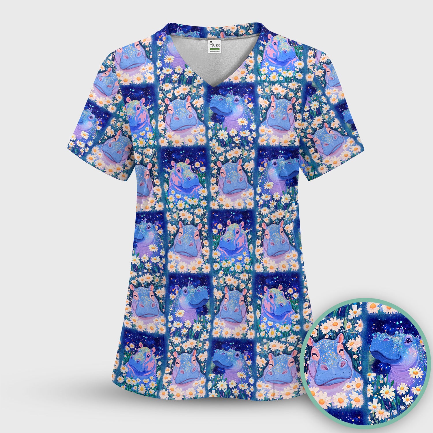 Cute Hippo Daisy Floral Patchwork Scrub Set, Scrub Pants and V Neck Top