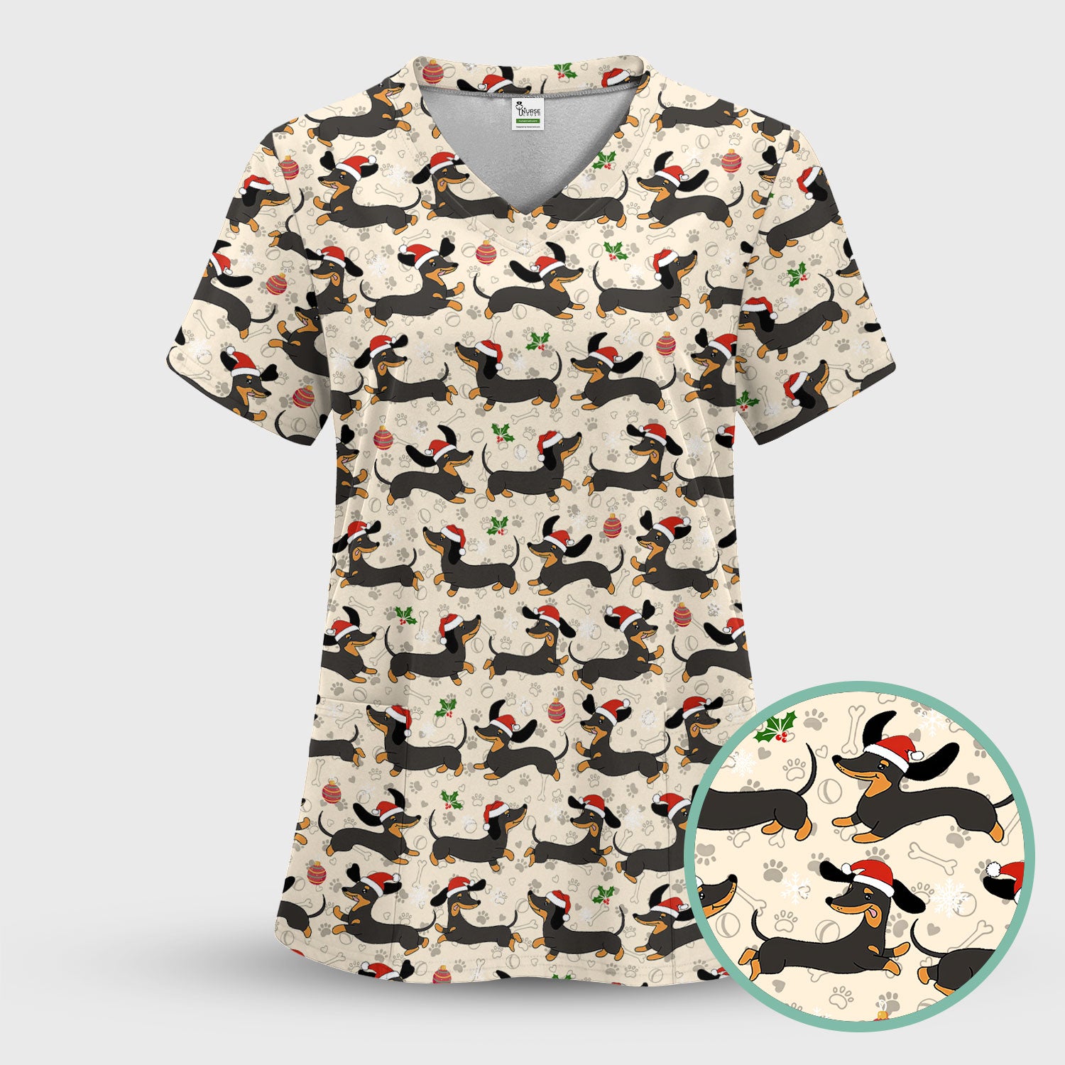 Christmas Wiener Dog Scrub Top - Cute Dachshund in Santa Hat - Funny Holiday Nurse Shirt for Women RN LPN CNA Medical Gift