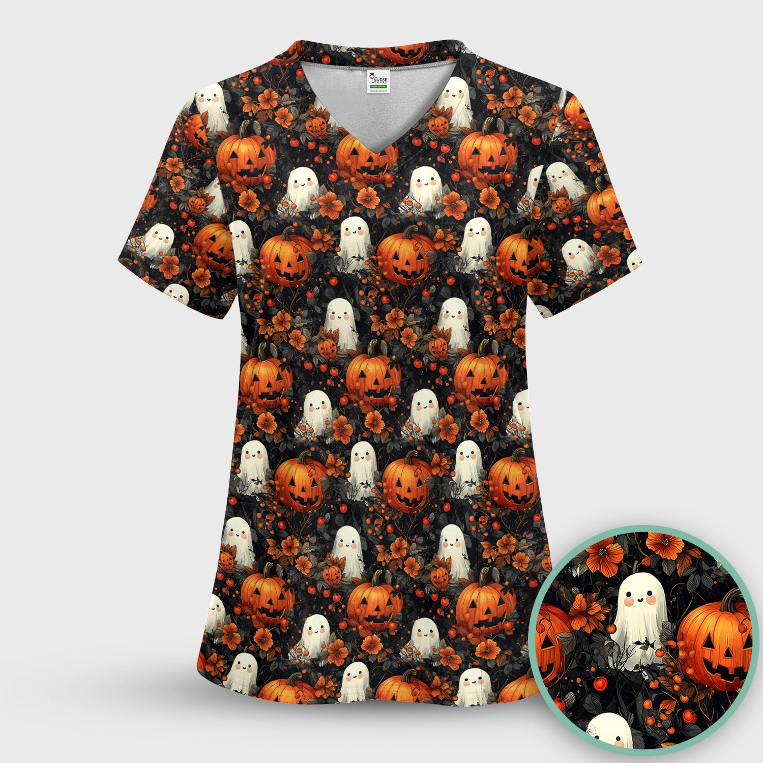 Spooky Halloween Ghost And Pumpkin Pattern Scrub Top, Comfortable Scrubs for Nurses