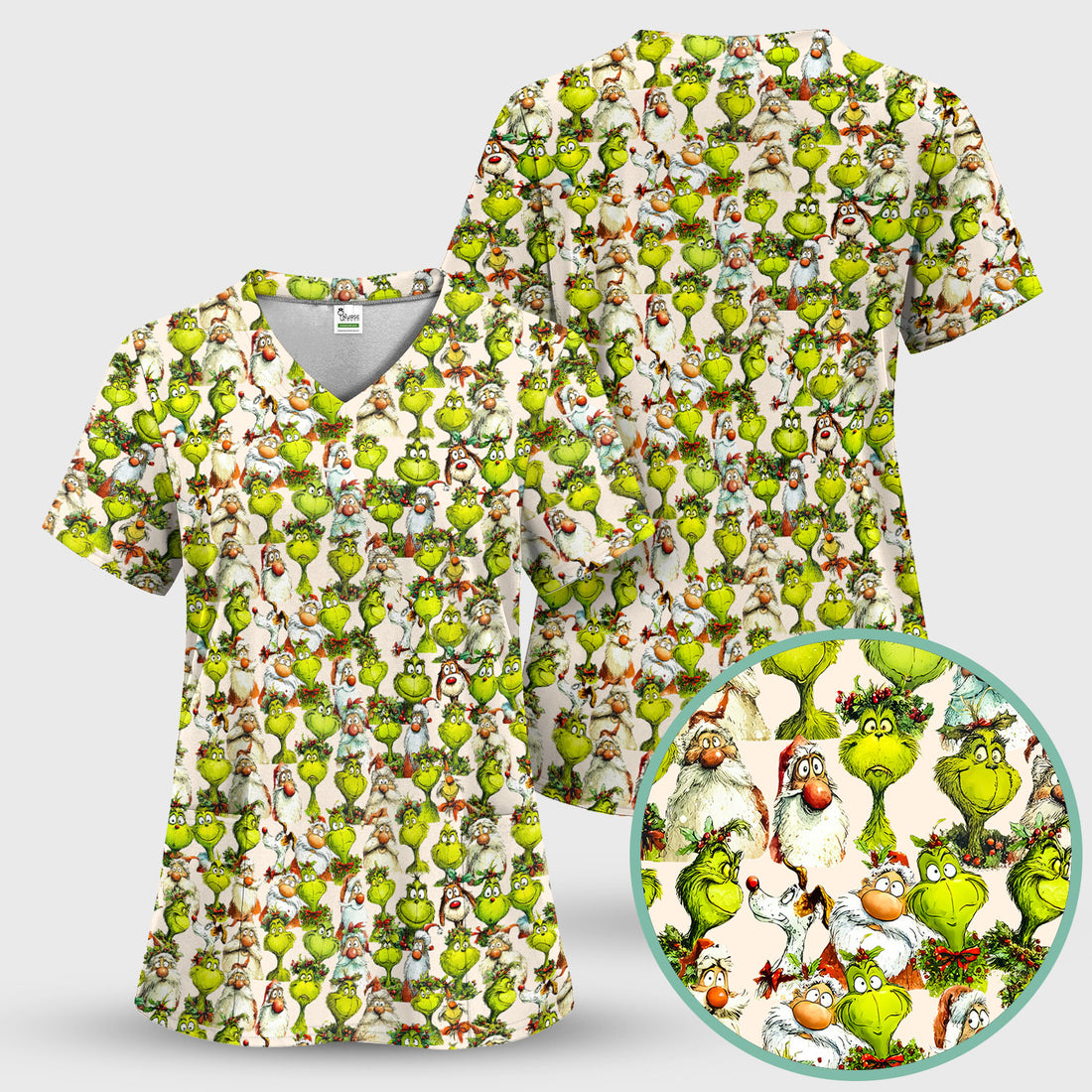 Funny Grinch Nurse Scrub Top Multi Color - Cartoon Characters Scrub Shirt - Cute Christmas Nursing Workwear with Pockets