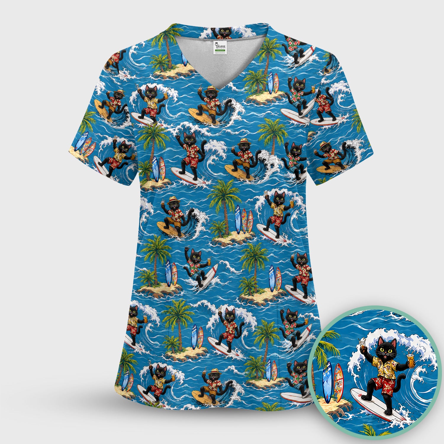 Tropical Black Cat Surfer Island Pattern Scrub Top, Comfortable Scrubs for Nurses