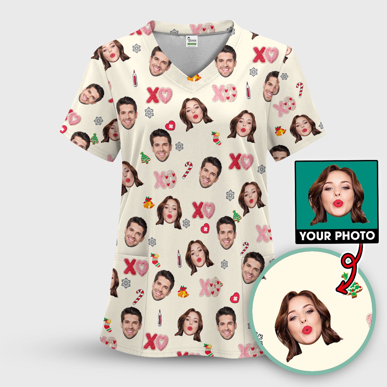 Personalized Photo Scrub Top, Custom Face XOXO Scrub Shirt, Breathable Fabrics Nursing Uniform