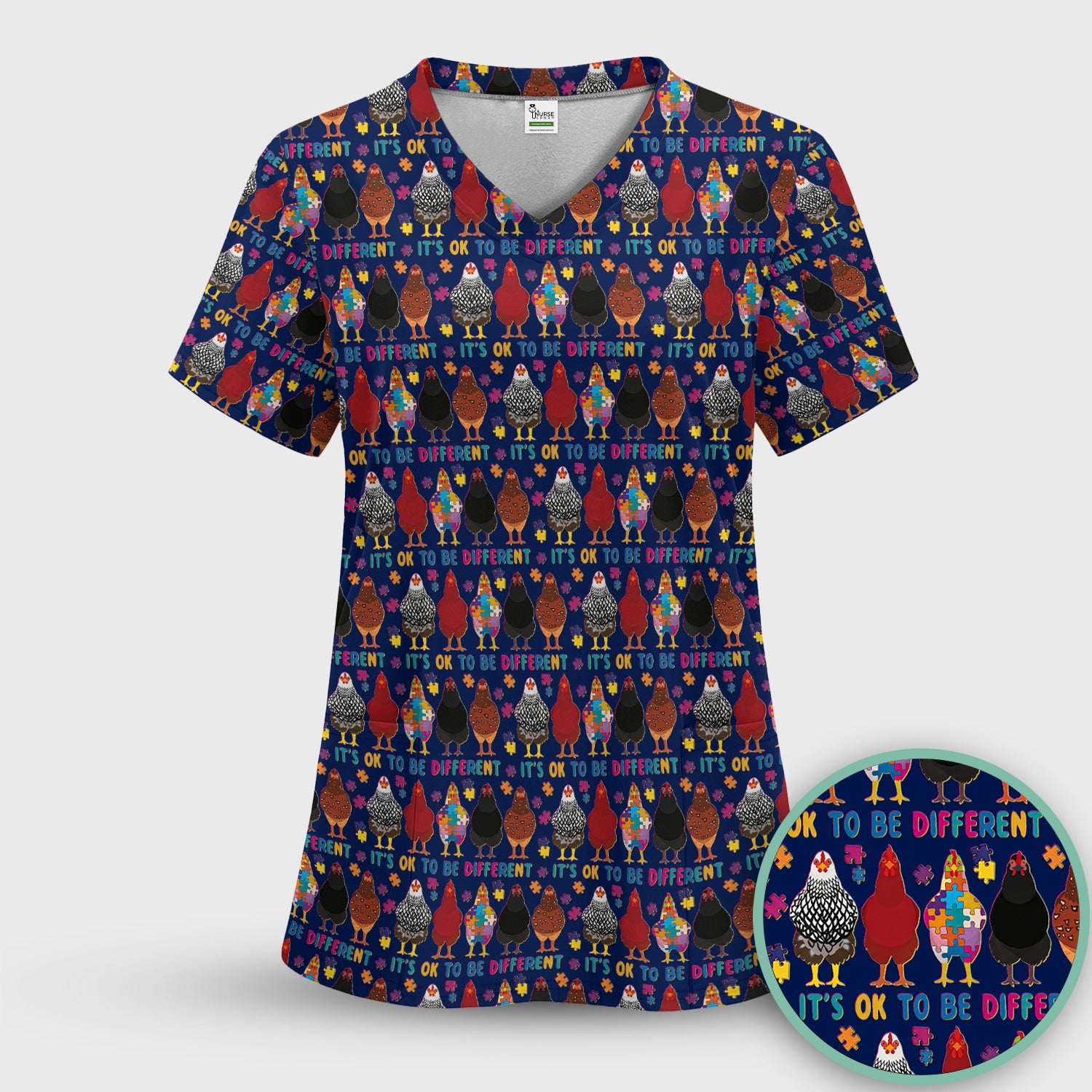 Autism Chicken It’s OK to Be Different Print Scrub Top, Comfortable Scrubs for Nurses