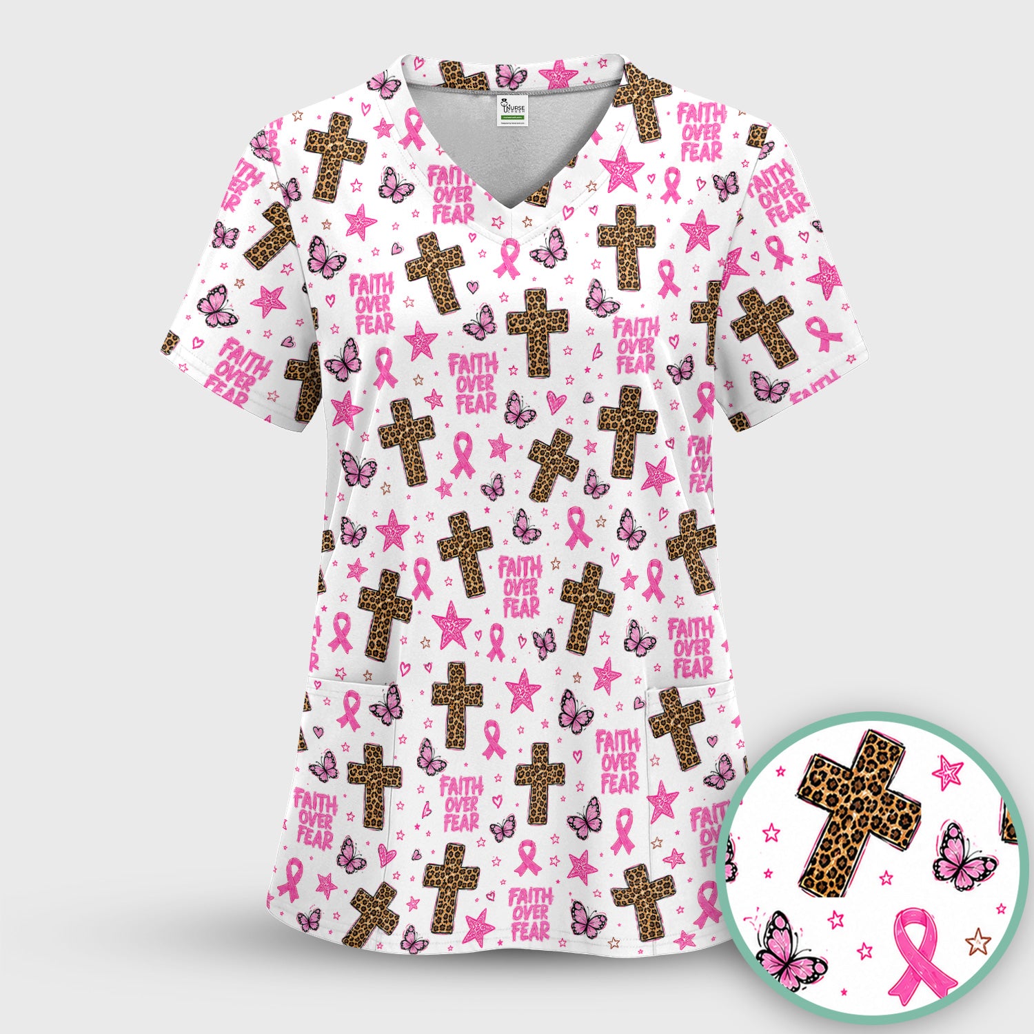 Faith Over Fear Breast Cancer Scrub Set, Scrub Pants and V Neck Top