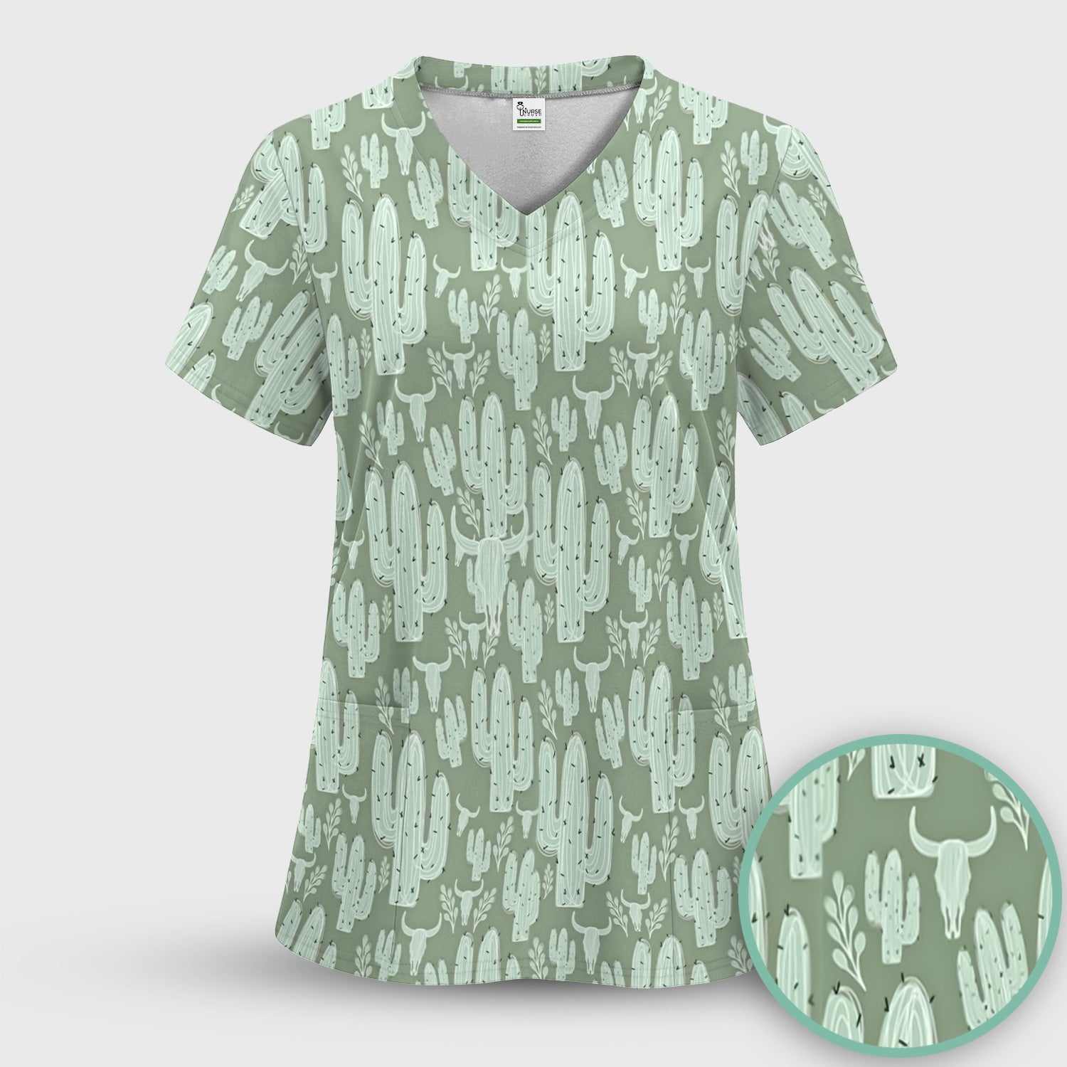 Funny Desert Cactus Skull Pattern Scrub Set, Scrub Pants and V Neck Top