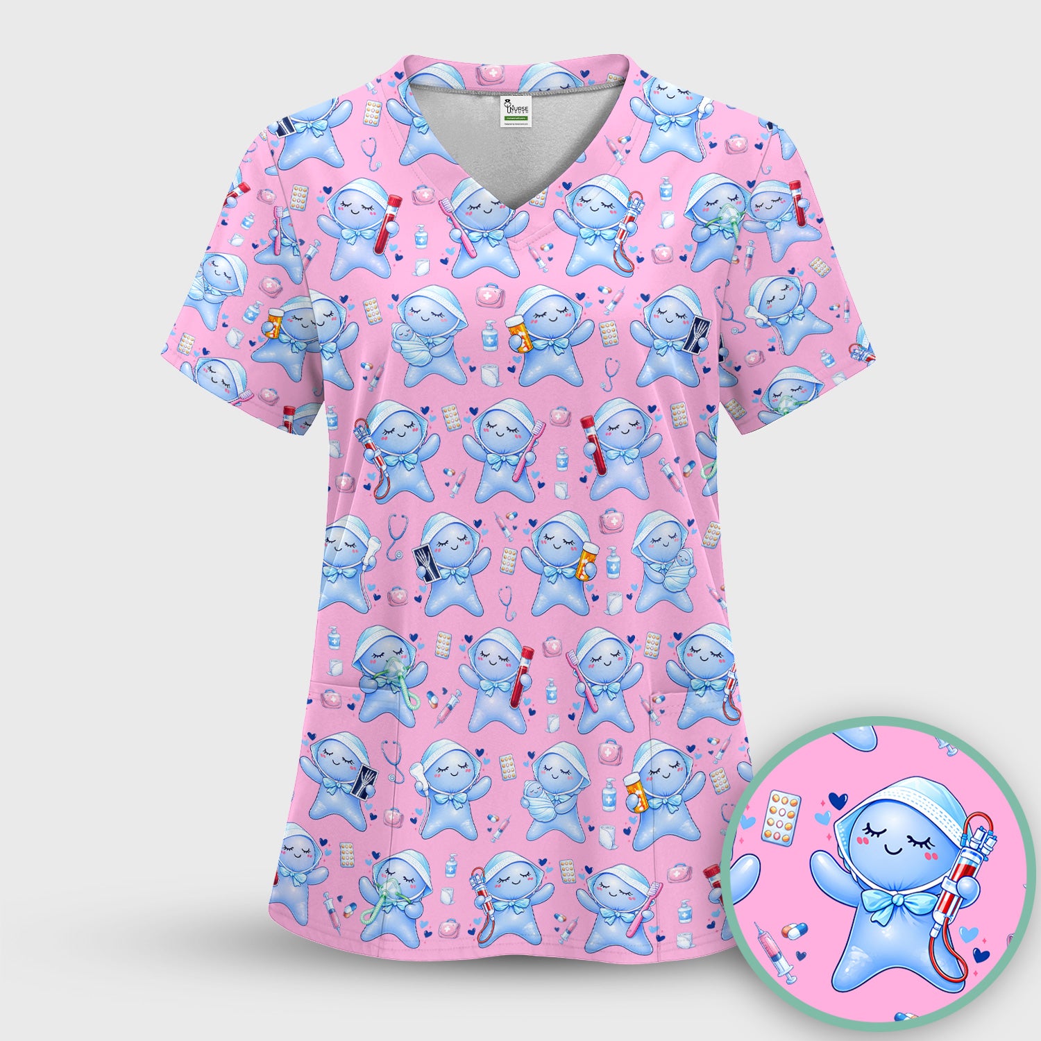 Cute Tooth Character Dental Tools Caring Pattern Scrub Set, Breathable Med Uniform