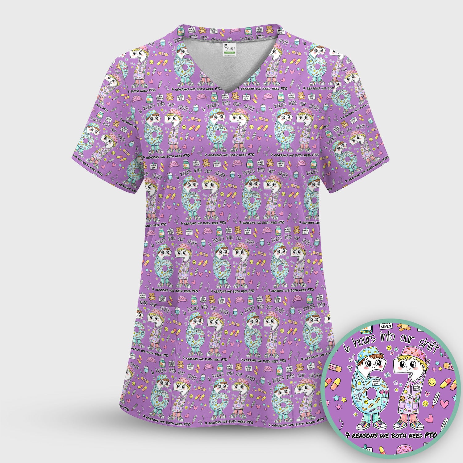 Cartoon Characters Six Hours Into Shift With Medical Doodle Scrub Set, Breathable Med Uniform