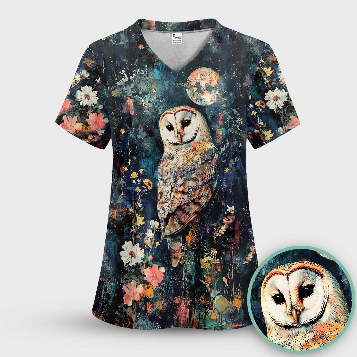 Moonlit Barn Owl Floral Pattern Scrub Top, Comfortable Scrubs for Nurses