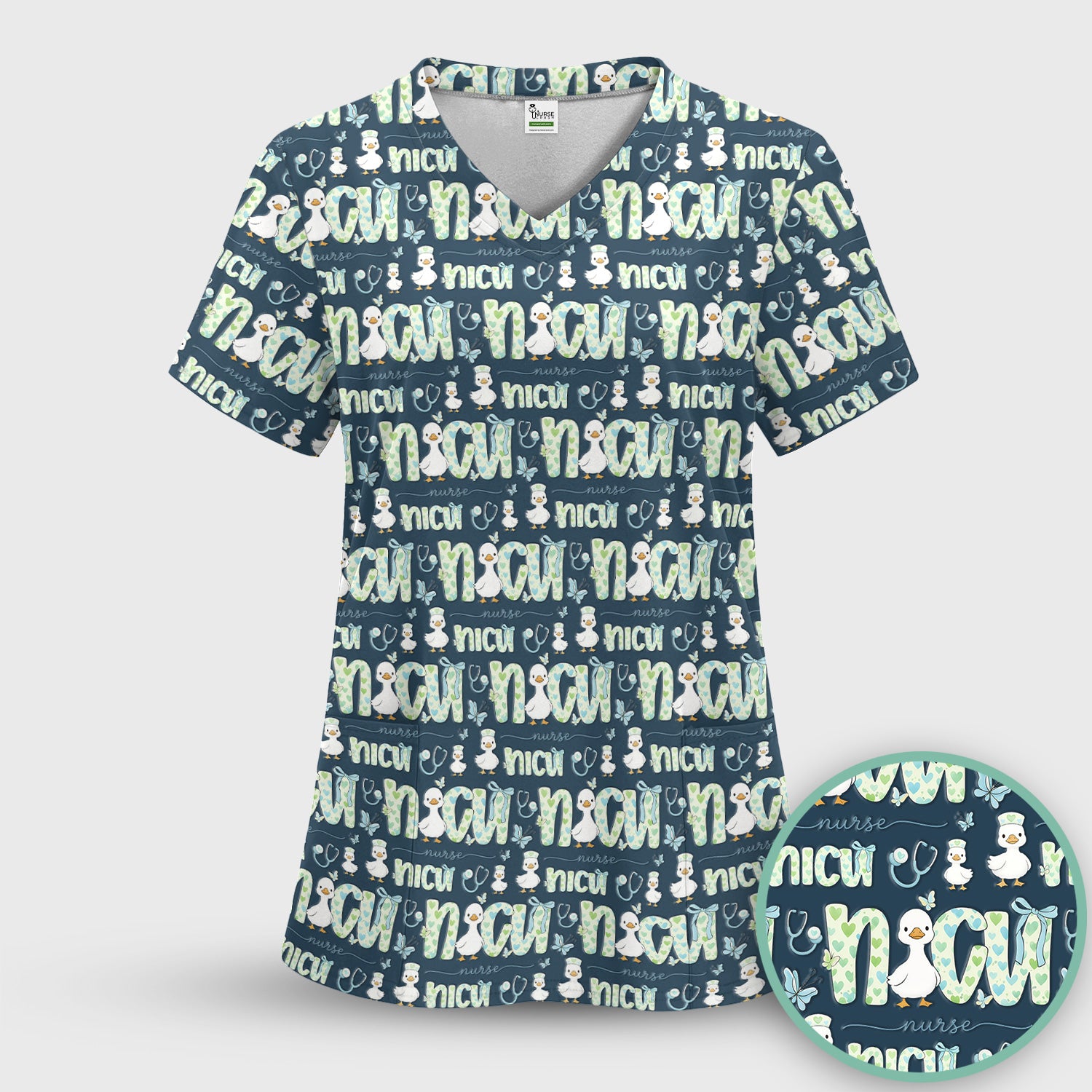 NICU Nurse Duck Pattern Scrub Set, Scrub Pants and V Neck Top