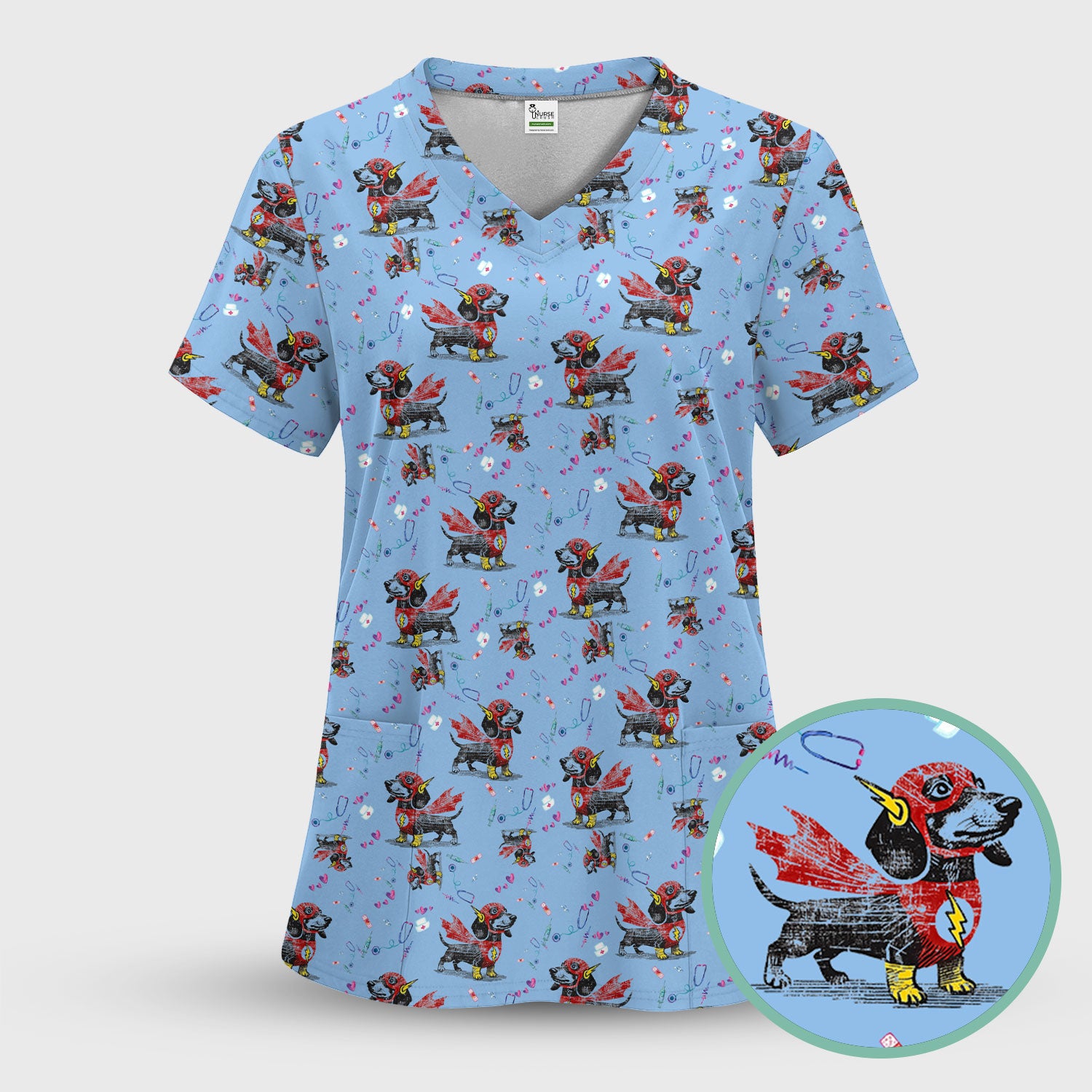 Dachshund Hero Scrub Top for Nurses - Super Nurse Funny Flash Dog Print Medical Uniform Shirt - Cute Sausage Dog Gift for RN CNA LPN