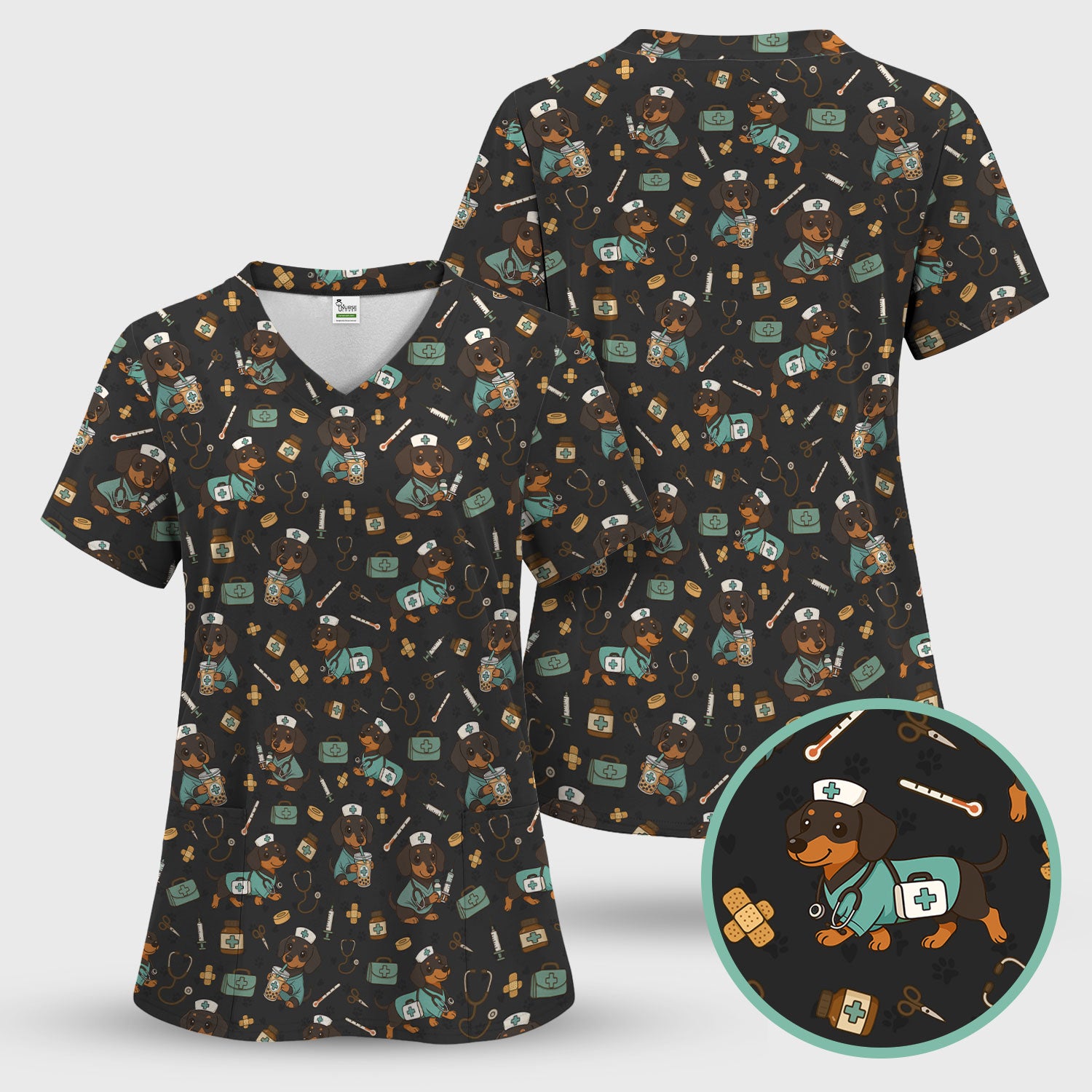 Funny Dachshund Nurse Scrubs - Cute Dog Print Medical Shirt - Holiday Nurse Scrub Top Gift for RN CNA Doctor, Women & Men