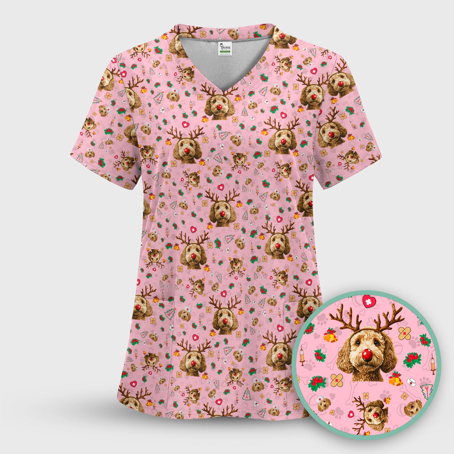 Labradoodle Reindeer Christmas Scrub Top - Funny Dog Nurse Shirt - Cute Holiday Medical Uniform for Women RN LPN CNA Gift