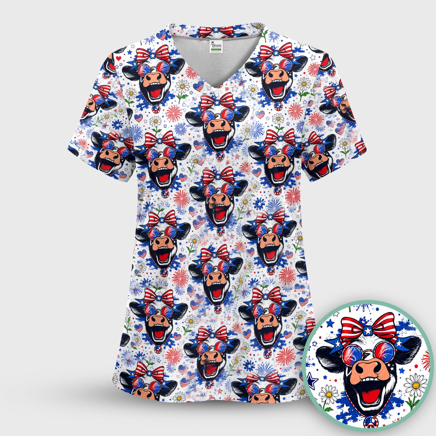 Funny Patriotic Cow Nurse Print Scrub Set, Scrub Pants and V Neck Top