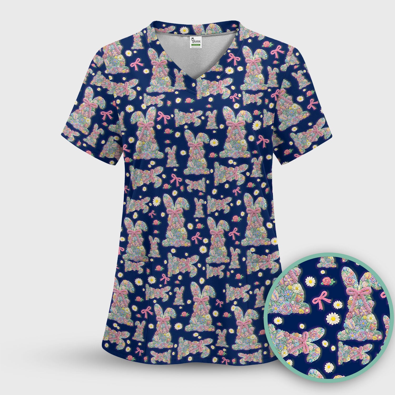 Colorful Floral Bunny with Pink Bow Pattern Scrub Top, Breathable Fabrics Nursing Uniform, Easter