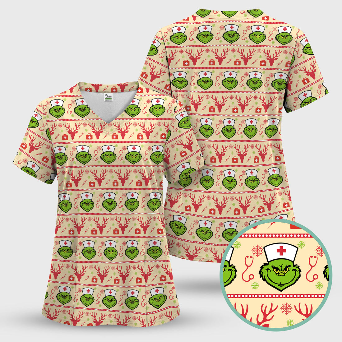 Grinch Nurse Ugly Christmas Scrub Top - Funny Holiday Nursing Scrubs Shirt - Cute Medical Workwear for Women with Festive Pattern