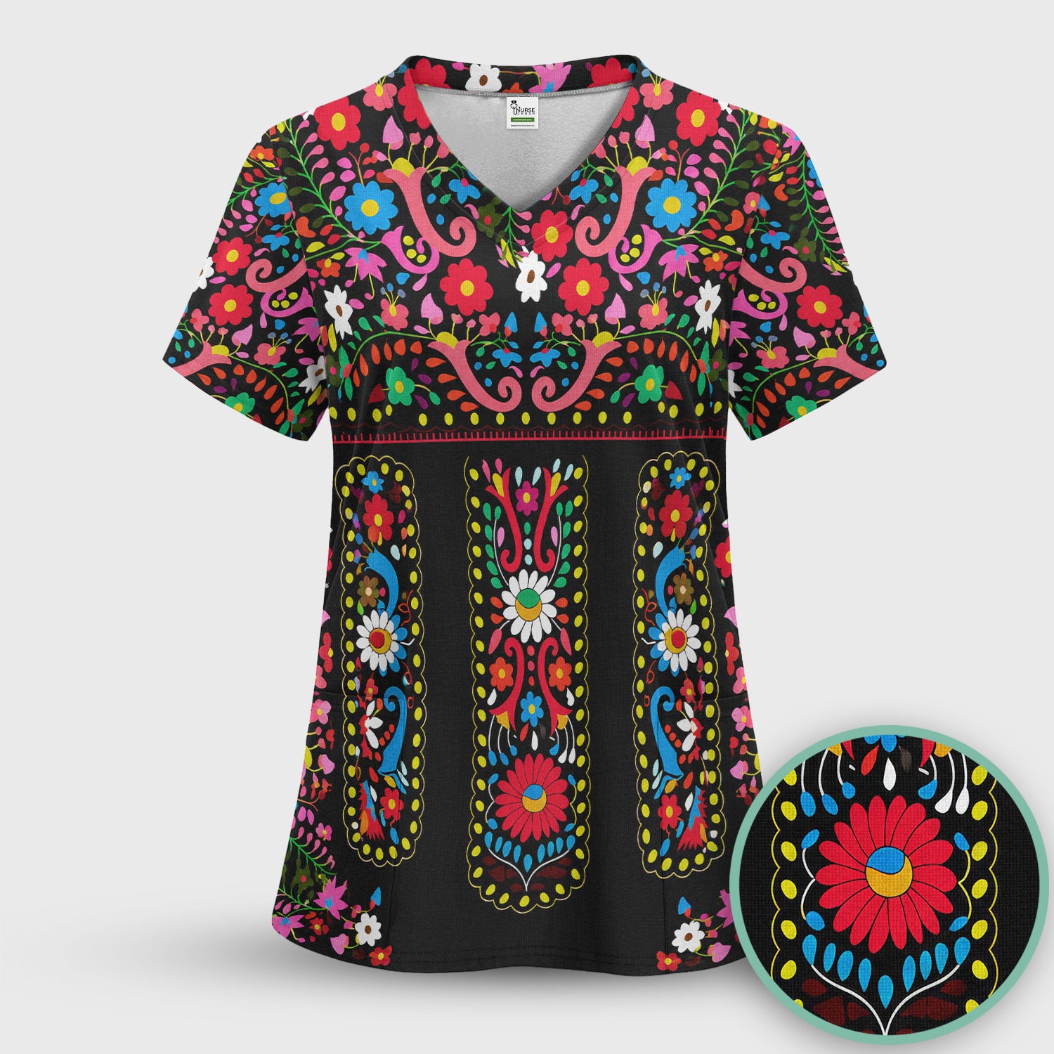 Colorful Folk Art Floral Pattern Scrub Set, Scrub Pants and V Neck Top