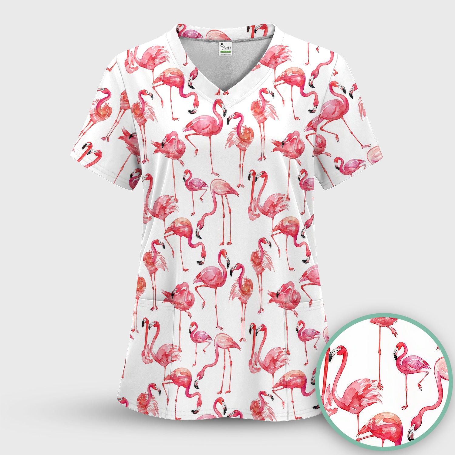 Pink Flamingo Tropical Bird Pattern Nurse Scrub Top, Comfortable Scrubs for Nurses