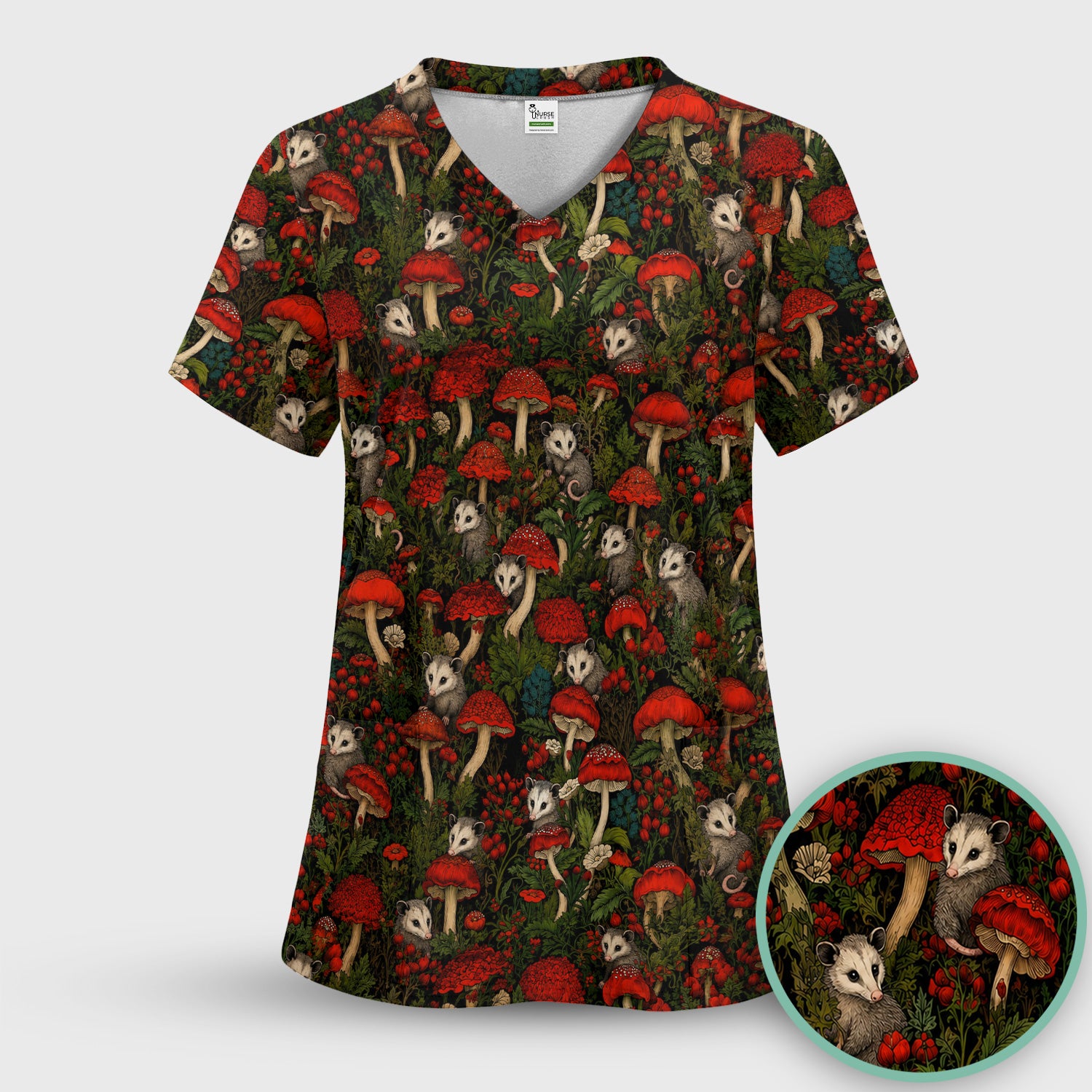 Woodland Opossum Red Mushroom Pattern Scrub Top, Comfortable Scrubs for Nurses