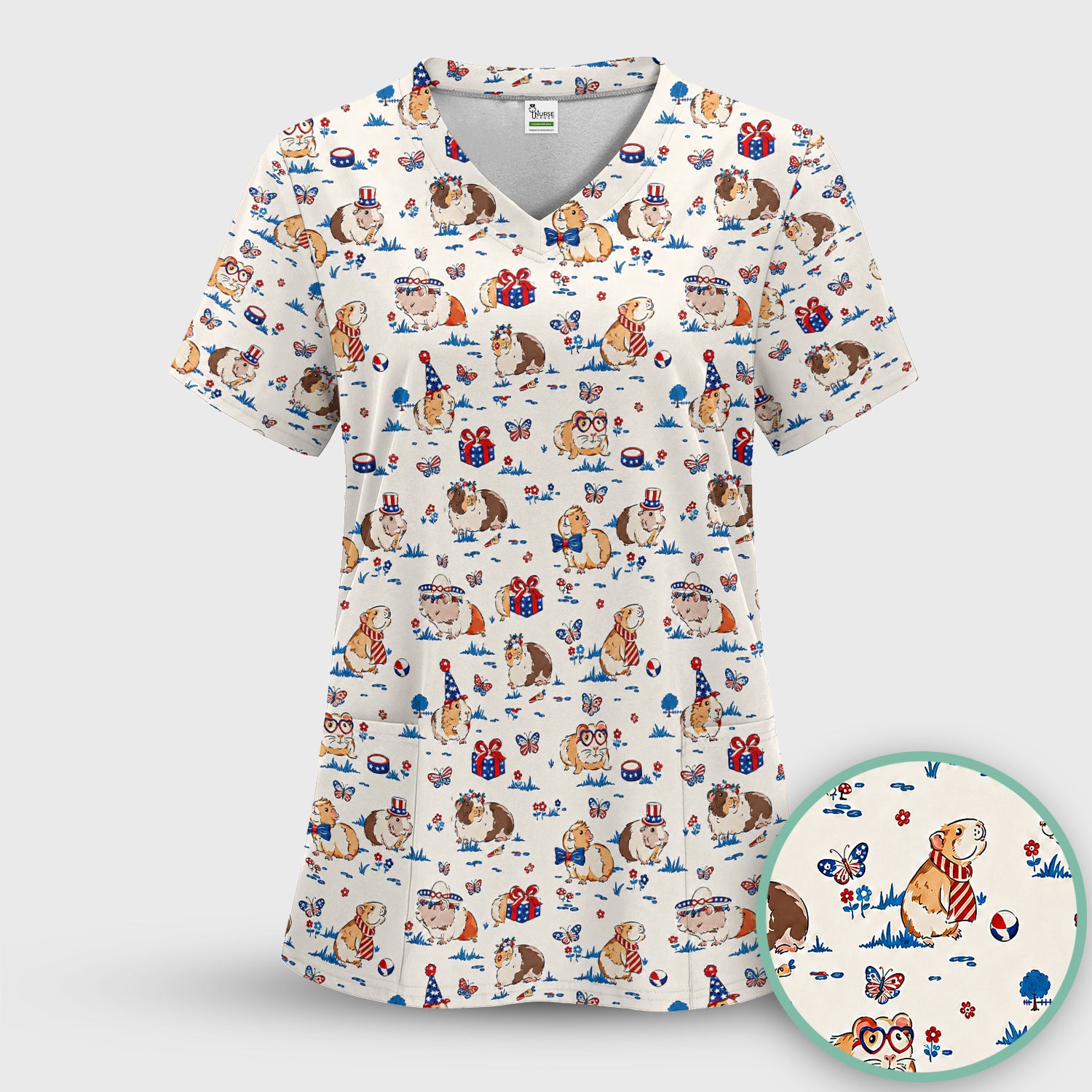Patriotic Guinea Pig Celebration Pattern Scrub Set, Scrub Pants and V Neck Top