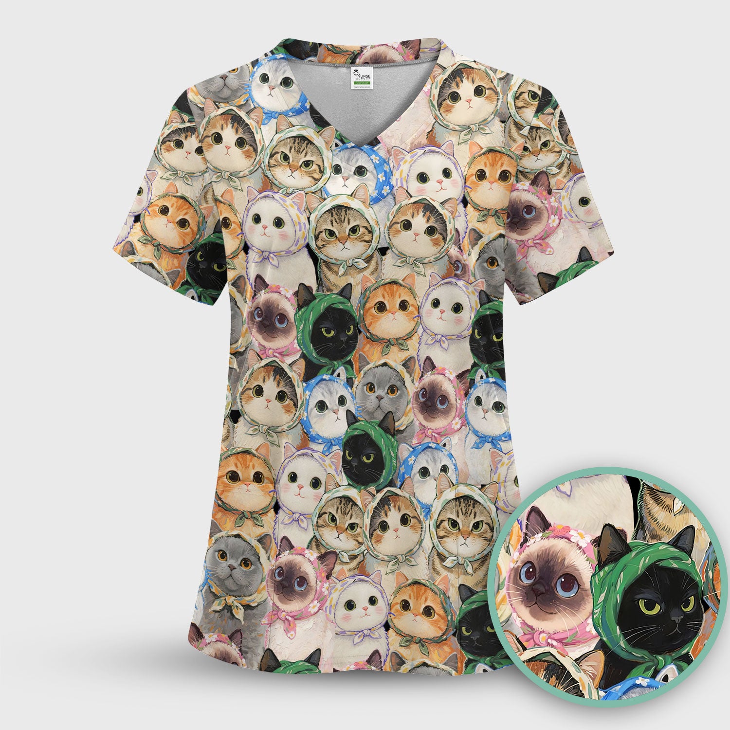 Adorable Multi Cat Portrait Pattern Scrub Top, Comfortable Scrubs for Nurses