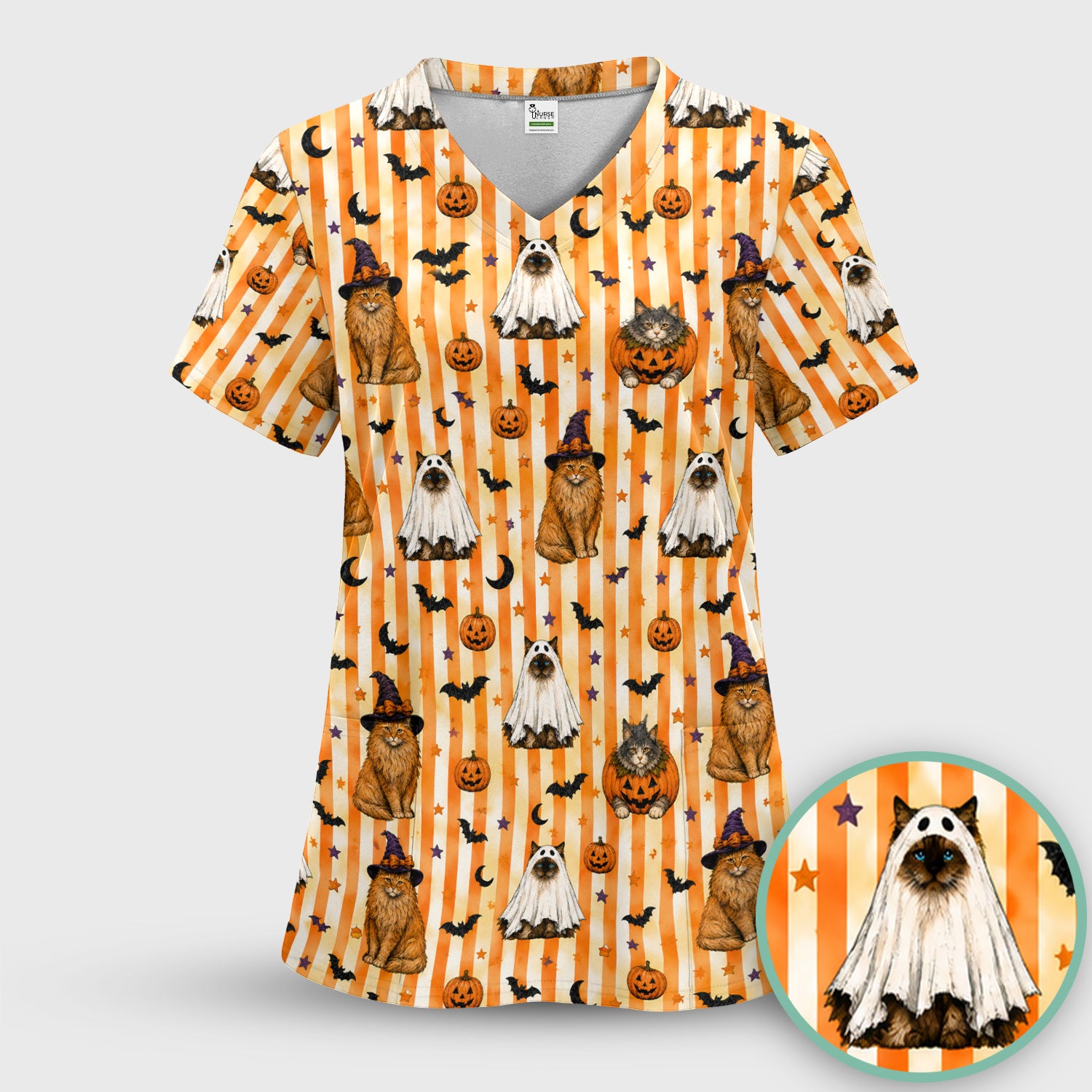 Halloween Cat Print Scrub Top, Comfortable Scrubs for Nurses