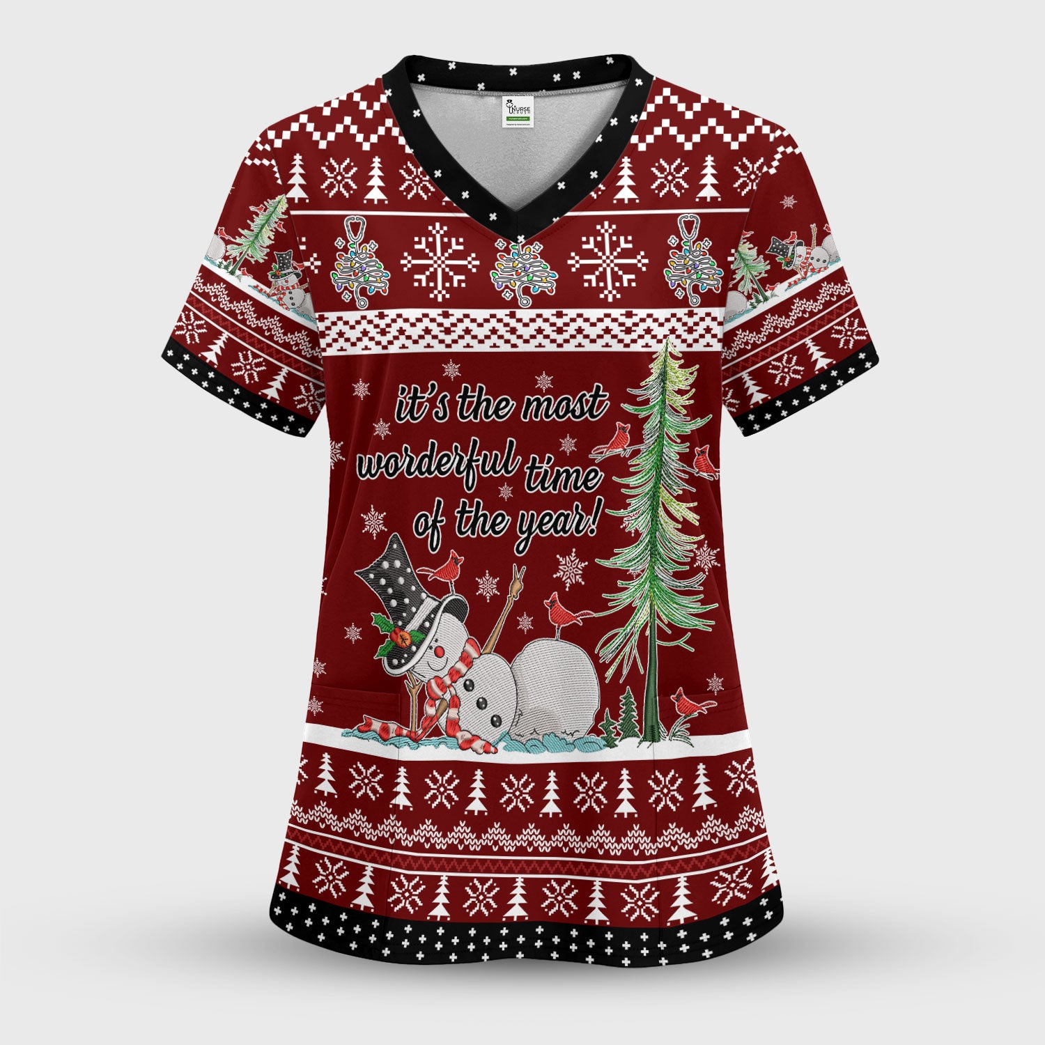 Snowman Christmas Scrub Top, Funny Holiday Nurse Shirt, It's The Most Wonderful Time Of The Year Uniform FOr Nursing