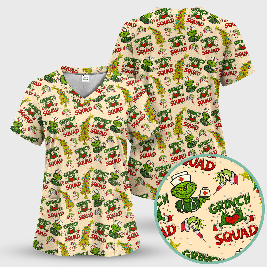 Grinch Squad Christmas Scrub Shirt - Funny Holiday Scrub Top for Nurses - Multi Color Nursing Work Shirt with Pockets