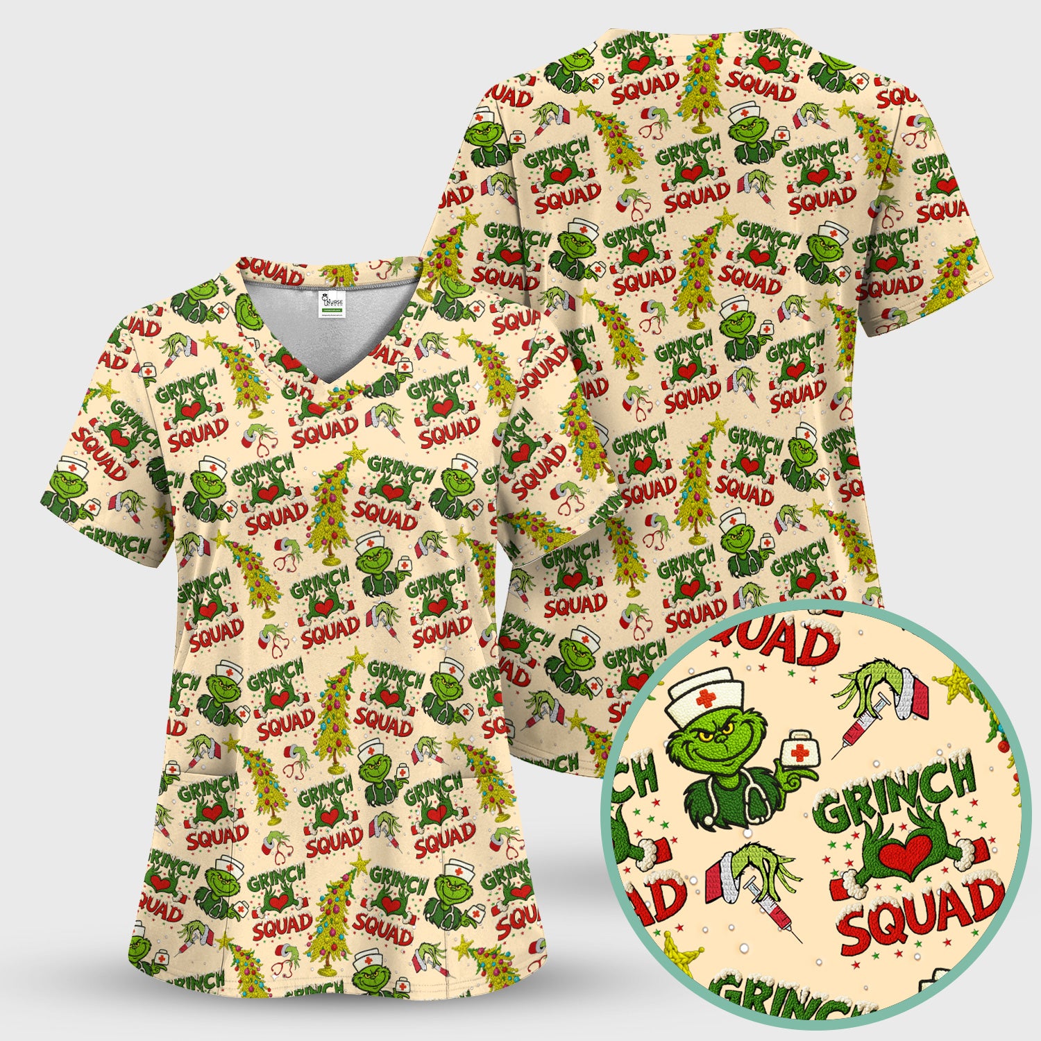 Grinch Squad Christmas Scrub Shirt - Funny Holiday Scrub Top for Nurses - Multi Color Nursing Work Shirt with Pockets