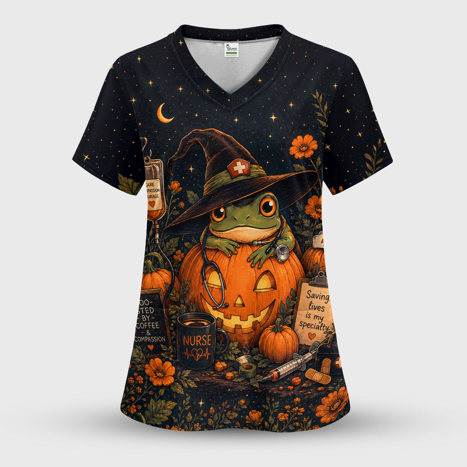 Halloween Witch Frog Pumpkin Scrub Set, Scrub Pants and V Neck Top