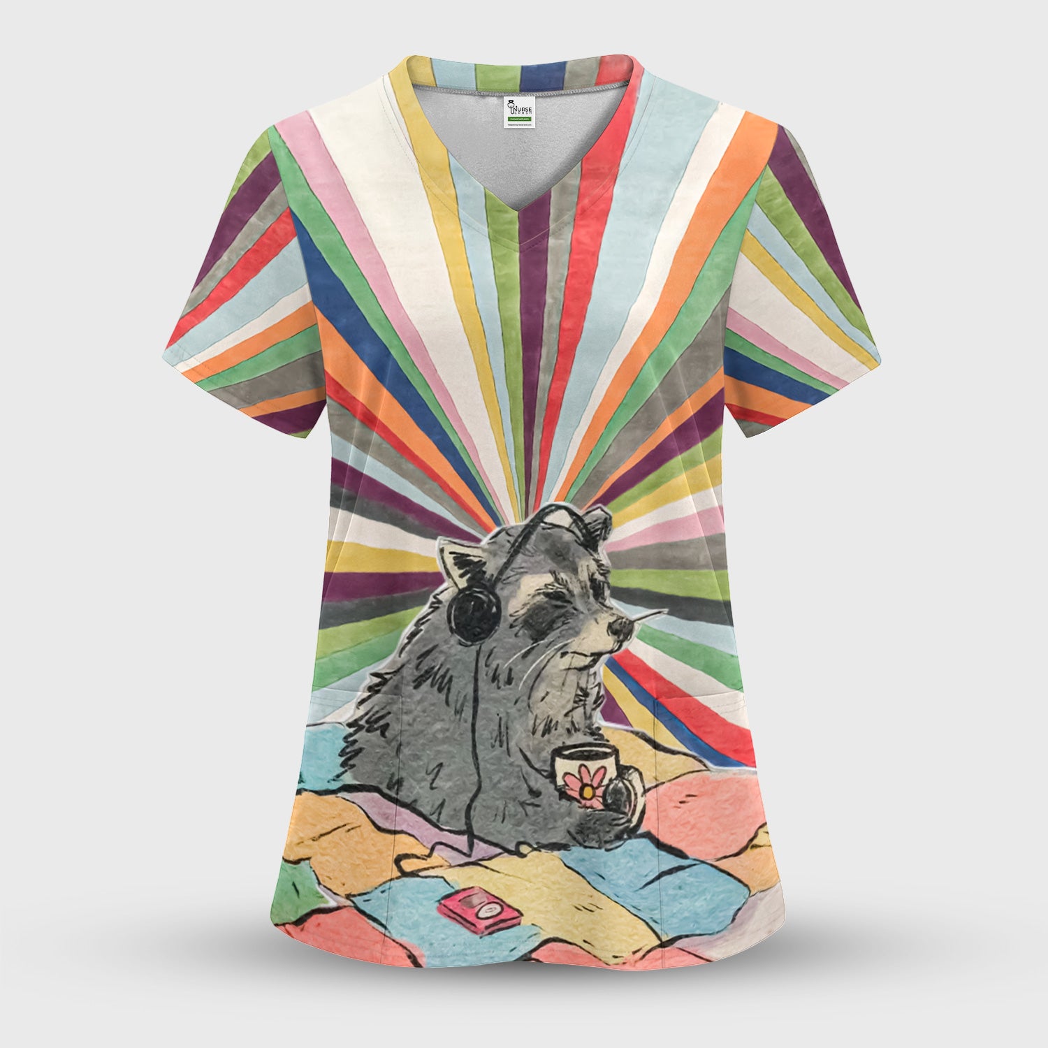 Chill Raccoon Rainbow Music Pattern Scrub Top, Comfortable Scrubs for Nurses