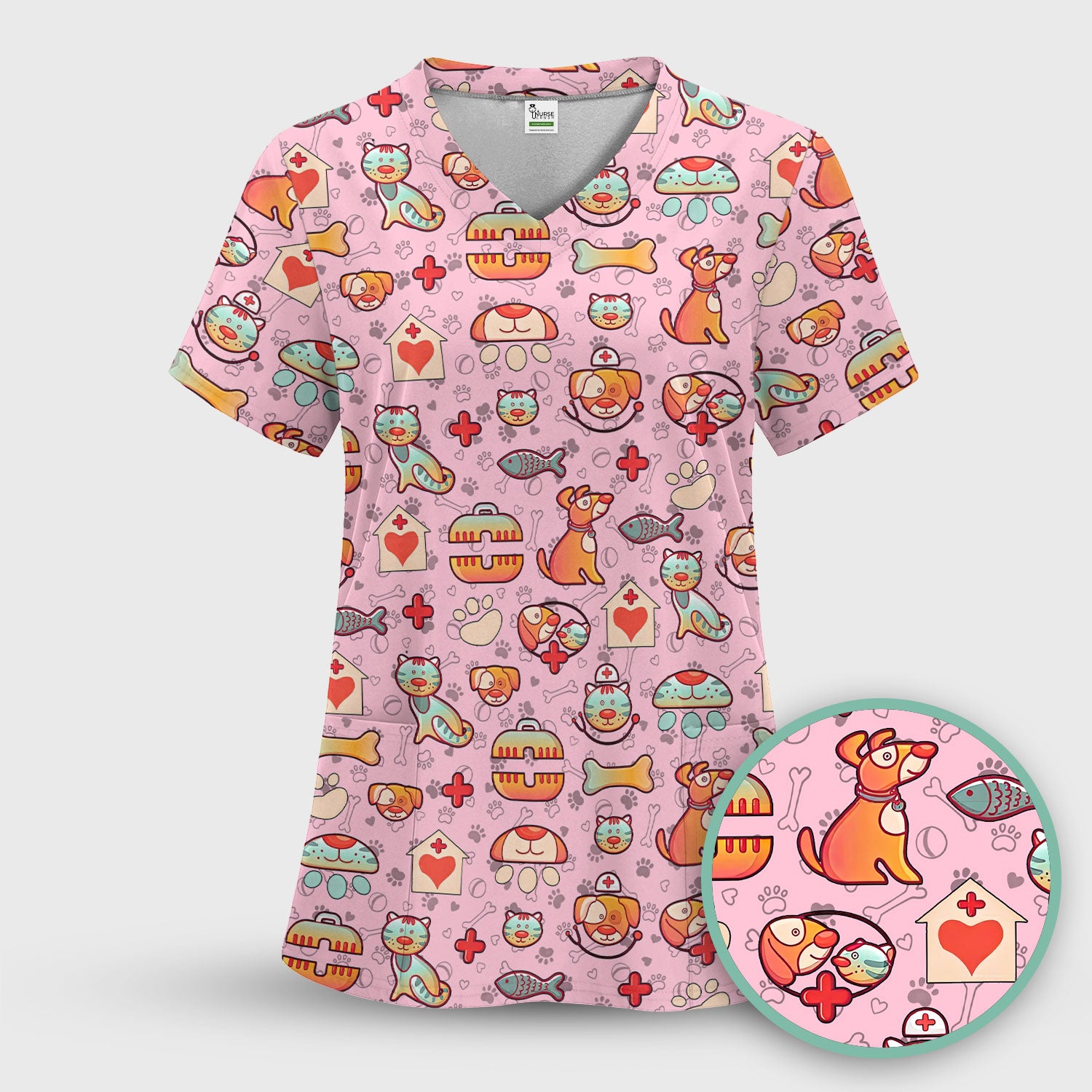 Veterinary Nurse Scrub Top - Cute Cat Dog Paw Print Medical Shirt - Fun Animal Pattern Vet Tech Scrubs for Women RN CNA