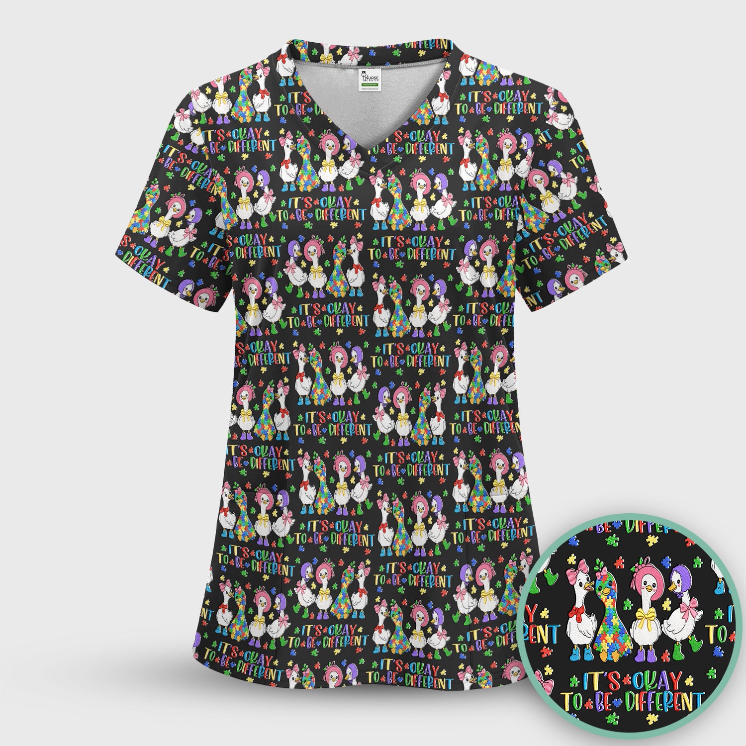 It’s Okay To Be Different Duck Pattern Scrub Top, Comfortable Scrubs For Nurses