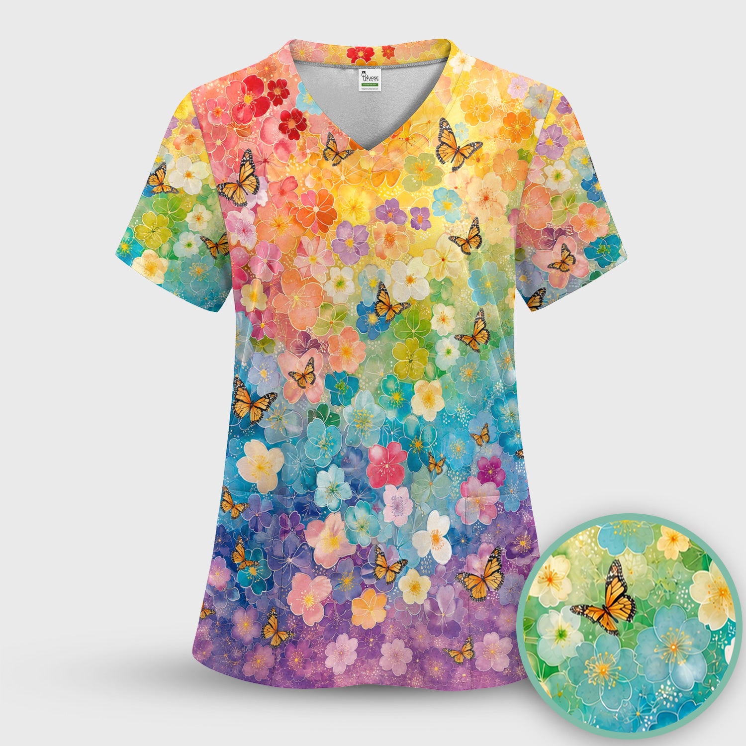 Rainbow Butterfly Floral Blossom Pattern Scrub Set, Scrub Pants and V Neck Top