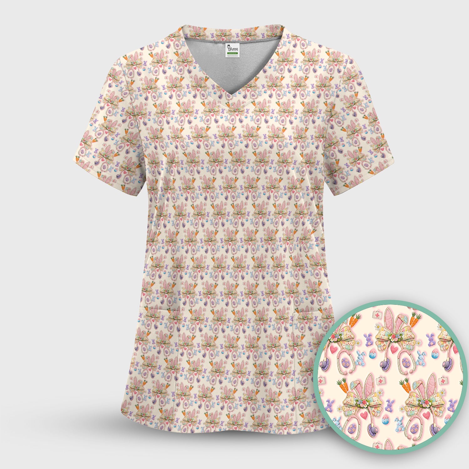 Easter Bunny Stethoscope Pastel Print Scrub Top, Comfortable Scrubs for Nurses